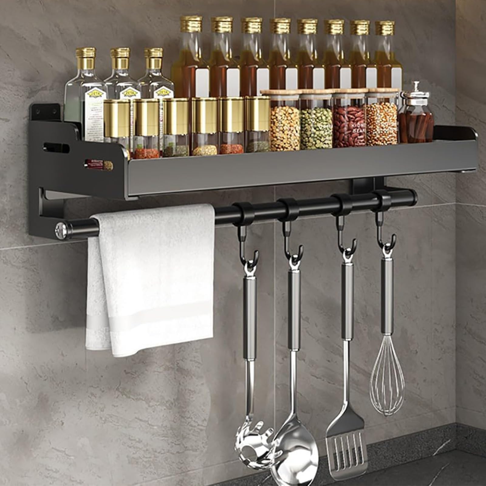 GLJTUO Stainless Steel Wall-Mounted Kitchen Shelf with Towel Holder & Hooks - No Drill Spice Rack & Utensil for Easy Storage and Modern Decor (50cm),50cm