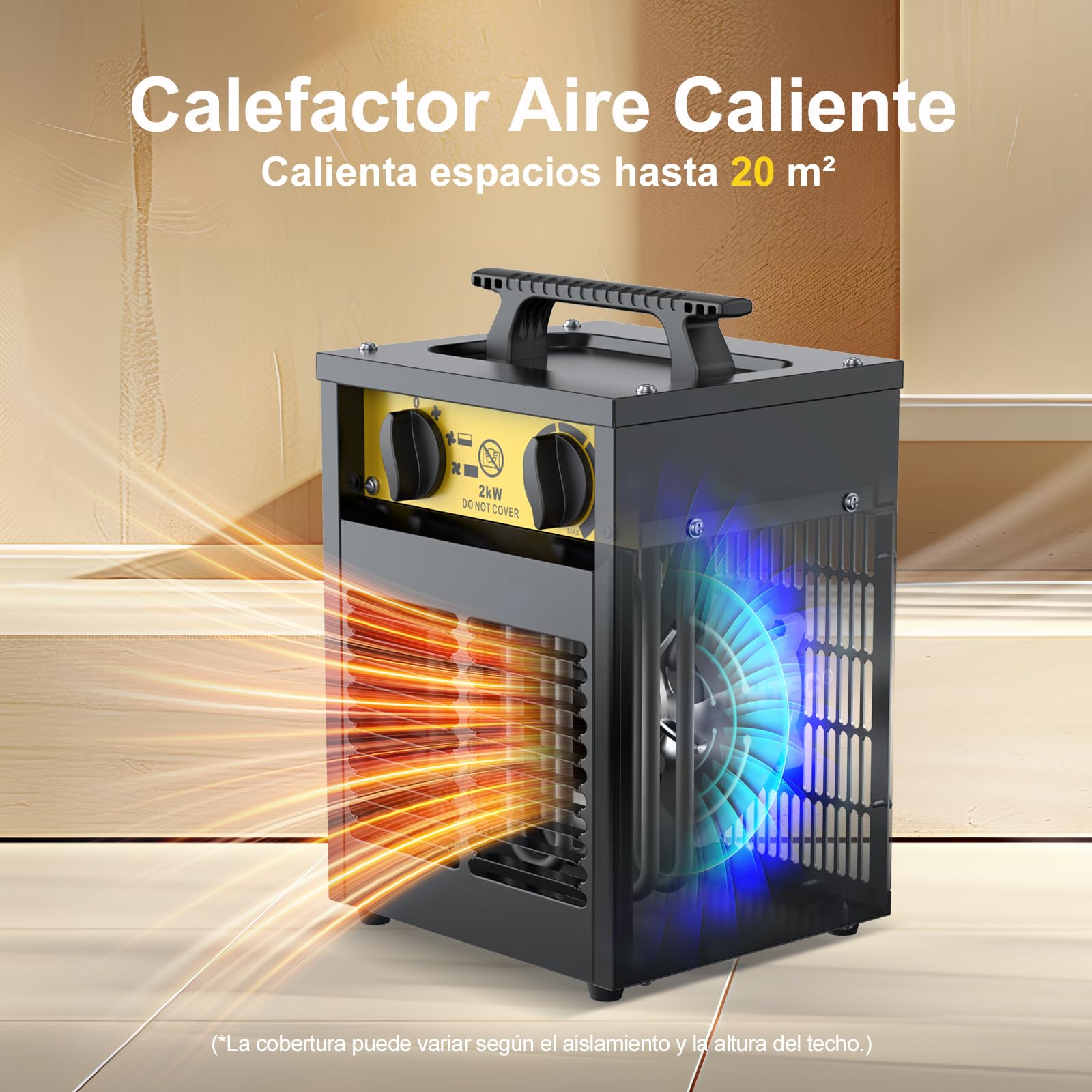 Calefactor Eléctrico 2000W Potenciado - Calentador Portátiles Industriales - Termostato y Protección contra Sobrecalentamiento - Apto para Construcción, Garaje e Invernadero