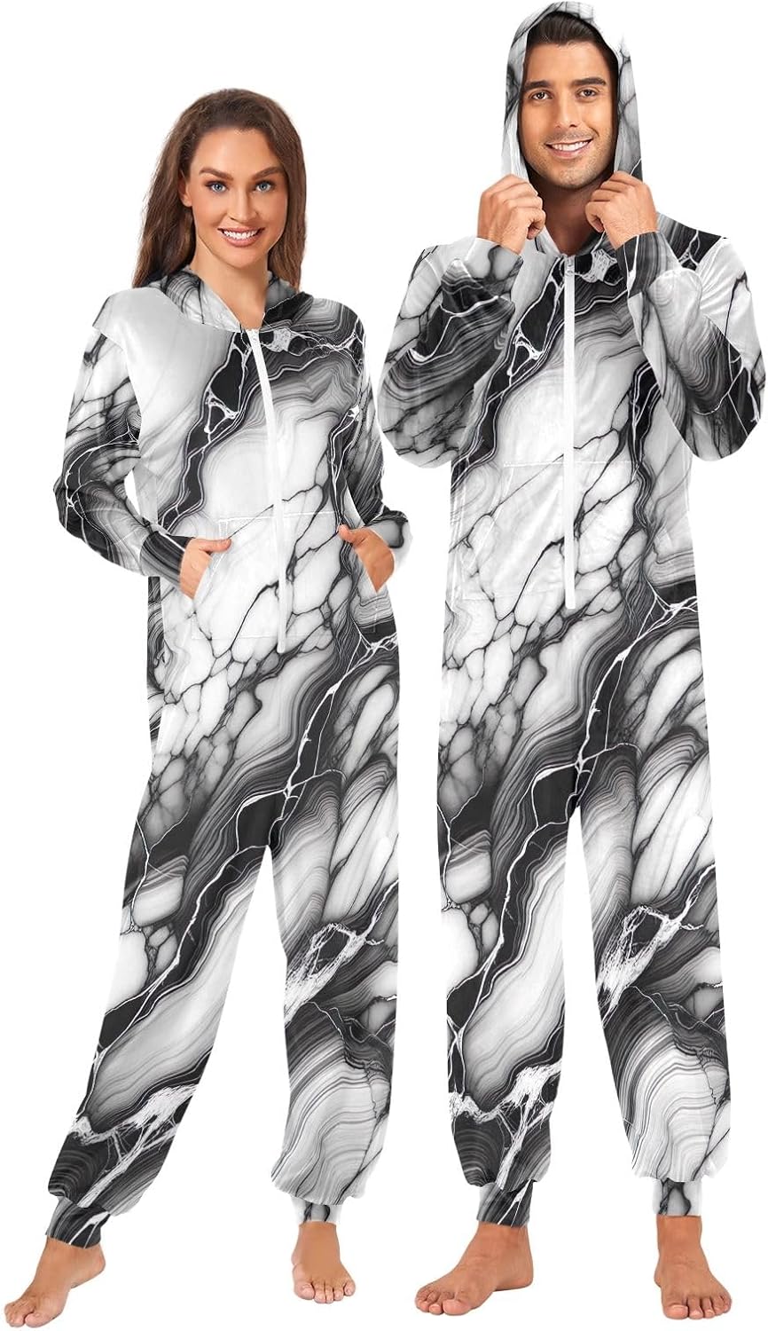 GAIREG Marble Texture Adult Onesie Pajamas, Soft Hooded One Piece Loungewear with Zipper for Men Women Christmas
