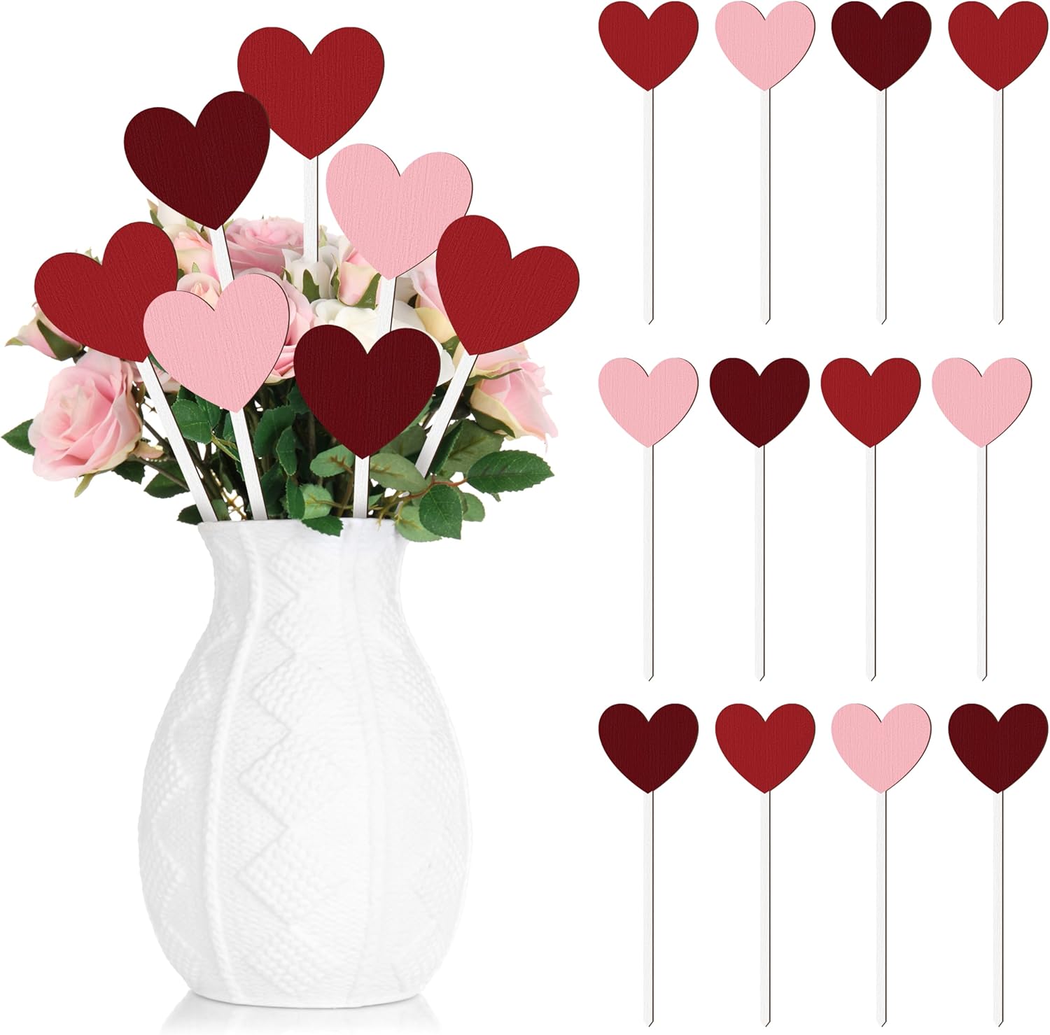 TICIAGA Valentines Double-Sided Decorative Picks – 12PCS Valentine’s Day Wooden Red and Pink Heart Picks for Home Vase Filler Romantic Farmhouse Floral Holiday Decorations Anniversary Party Supplies