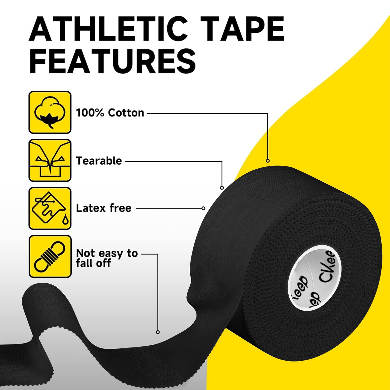 CKeep Black Athletic Tape (4 sztuki), 100 m na rolce, łatwa do łzawienia i nie pozostawia, podpierająca taśma sportowa do stresów i sprayów, hipoalergiczna i oddychająca