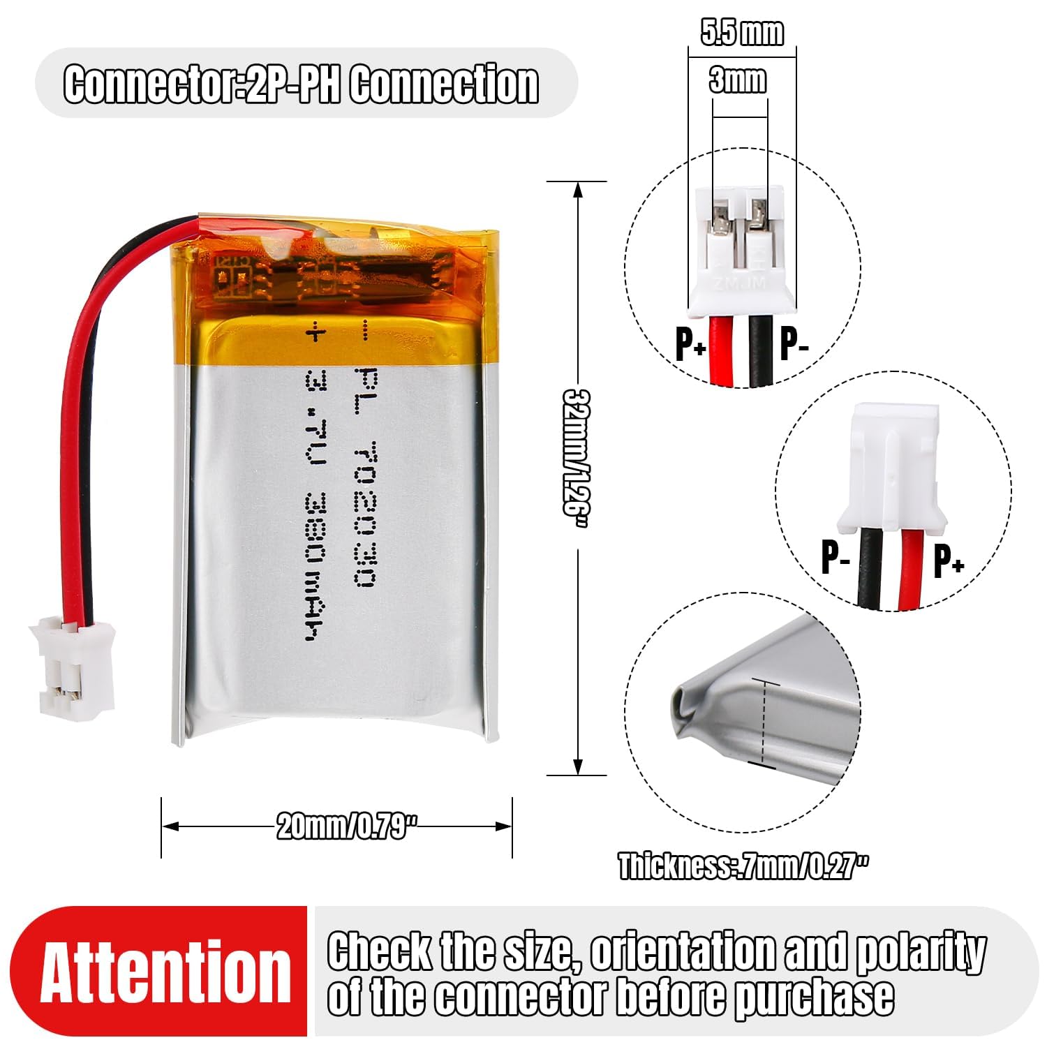 Batería Lipo 3.7V, 380mAh 702030 a Iones de Litio con conexión 2P-PH con Paso 2,0 mm — view 4