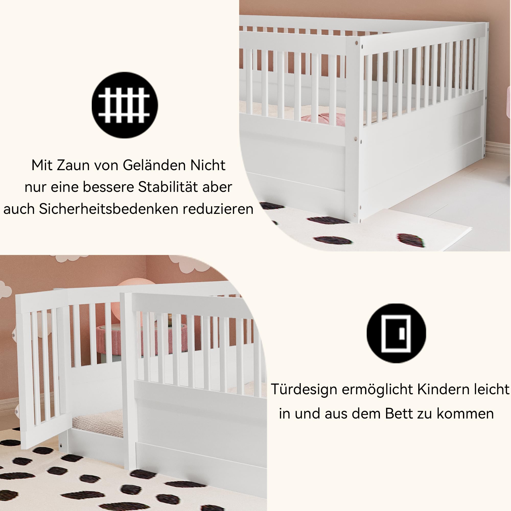 Kinderbett 140x200 cm, Montessori Bodenbett aus Holz mit Gitter und Tür, Kinder Bettgestell mit Rausfallschutz, Niedriges Holzbett für Kinderzimmer, Jungen Mädchen, Weiß