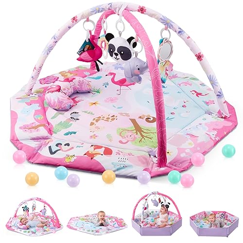 Baby Gym Play Mat, 9-in-1 Baby Play Mats w 9 Detachable Toys for Stage-Based Sensory & Motor Skill Development, Washable Tummy Time Mat & Crawling