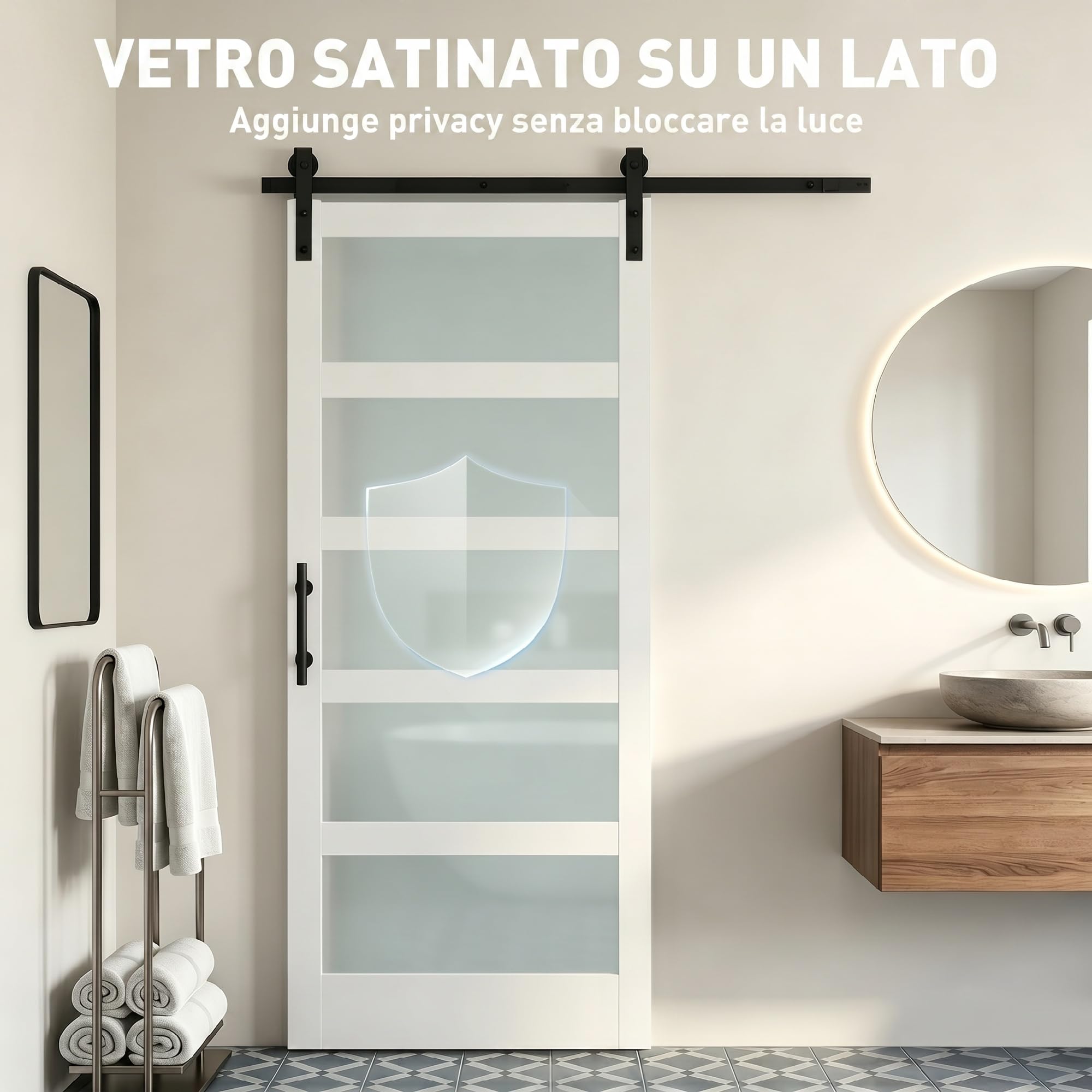 HOMCOM Porta Scorrevole Interno 91.4x213.4cm in Vetro Satinato, MDF e Pino, Binario Silenzioso in Acciaio, Kit Ferramenta, Maniglia Migliorata, Porta da Interno Stile Industriale, Impermeabile, Bagno