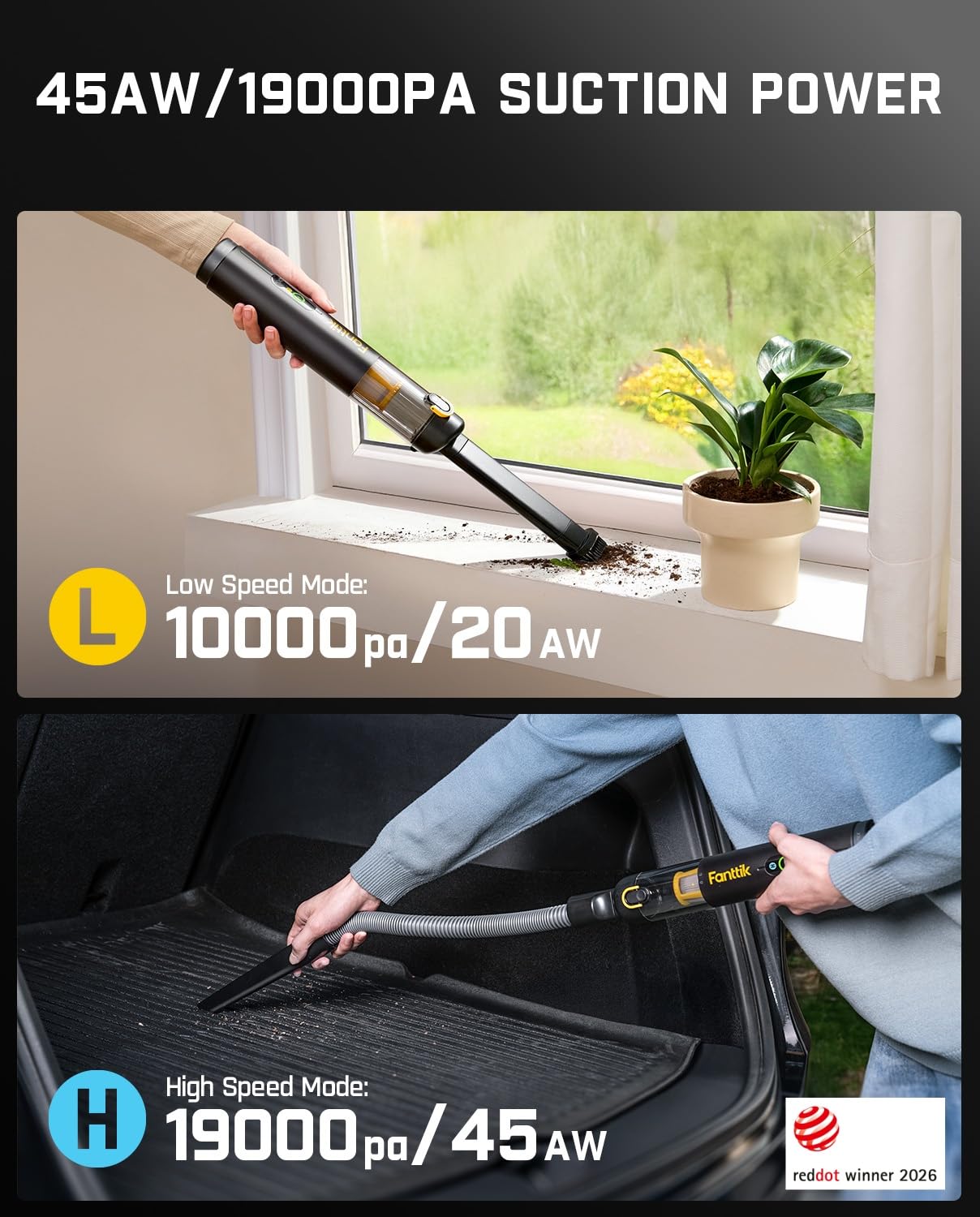 Fanttik Slim V10 APEX Aspirateur de Voiture sans Fil, 19 kPa, écran numérique Intelligent amélioré, 4 en 1 Aspirateur, 2 Modes d'aspiration pour Petits travaux, Voiture, Bureau, claviers.