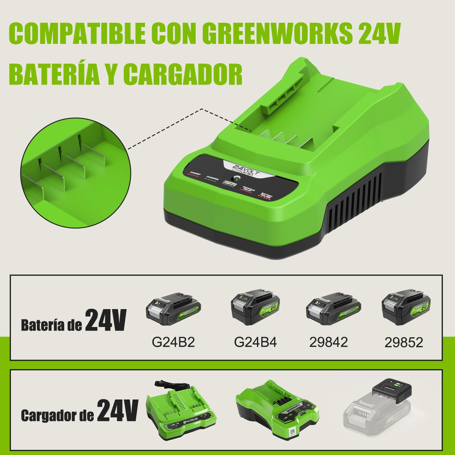 Batería de 24 V y 3,5 Ah para Greenworks con Cargador de 24 V | Versión mejorada, compatible con G24B2 y G24B4