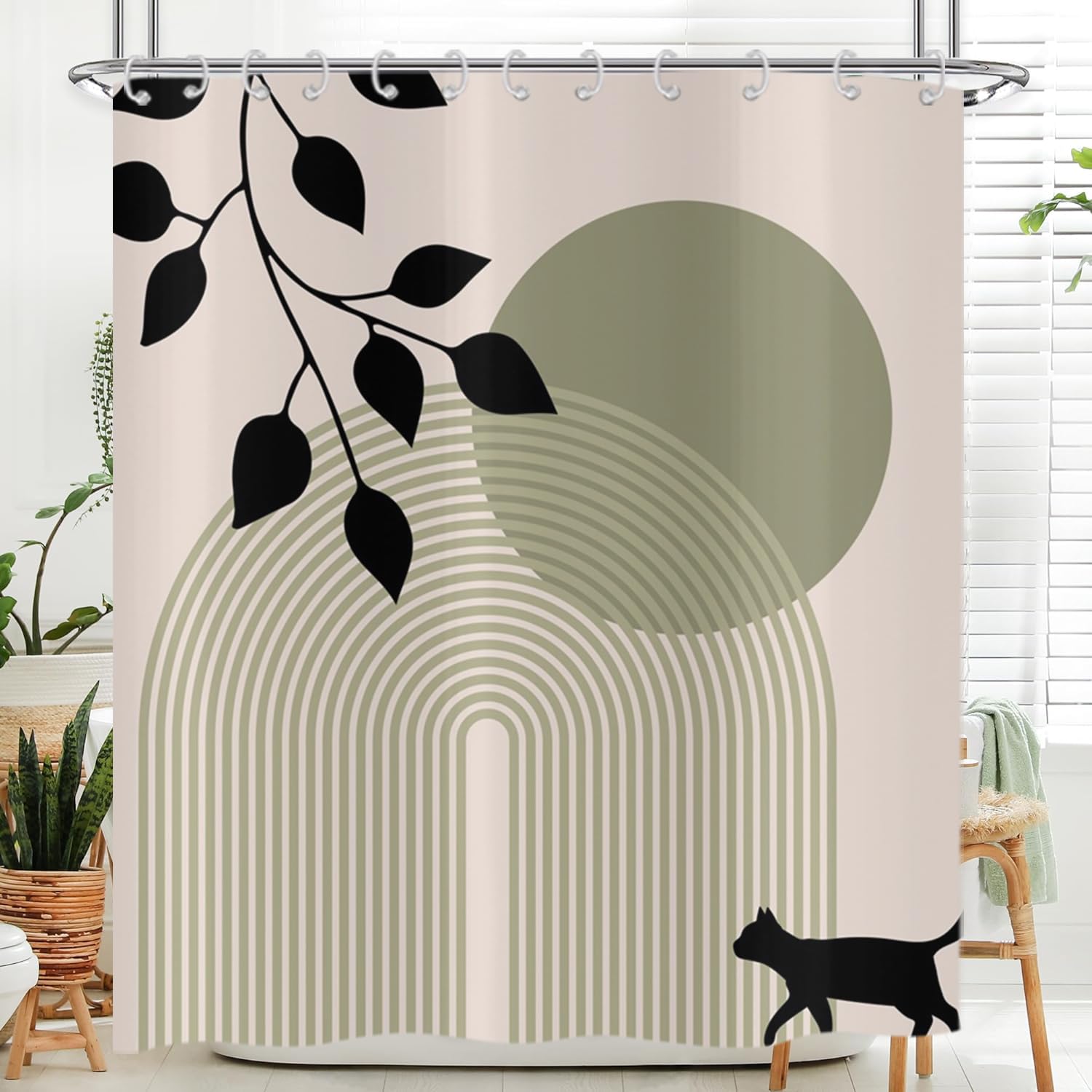 Hnmdmyi Boho Shower Curtain 180x220, Mid Century Abstract Leaves Black Cat Sage Green Arch Sun Modern Geometric Minimalist Aesthetic Art Bathroom Shower Curtains Waterproof Fabric Bath Curtains — image 1