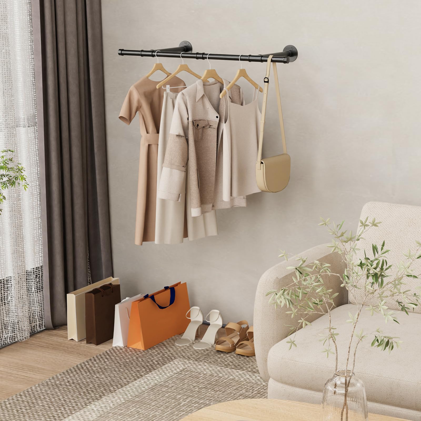 Barra Appendiabiti da Parete, Attaccapanni da Muro per Tubo Industriale 90 cm, Porta Abiti da Camera in Metallo Resistente per Balconi e Camere da Letto, 1 Pezzo, Nero