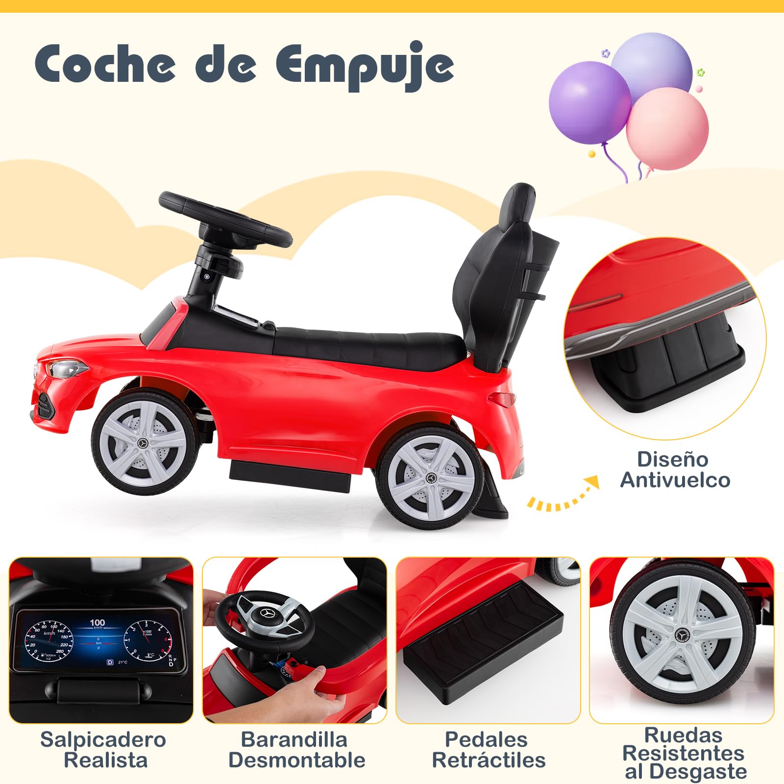 COSTWAY Coche Correpasillo 3 en 1 para Niños, Coche de Juguete con Barra de Empuje y Capota Ajustable, Coche con Pedal y Bocina para Niños de 18-36 Meses con Sonido (Rojo)