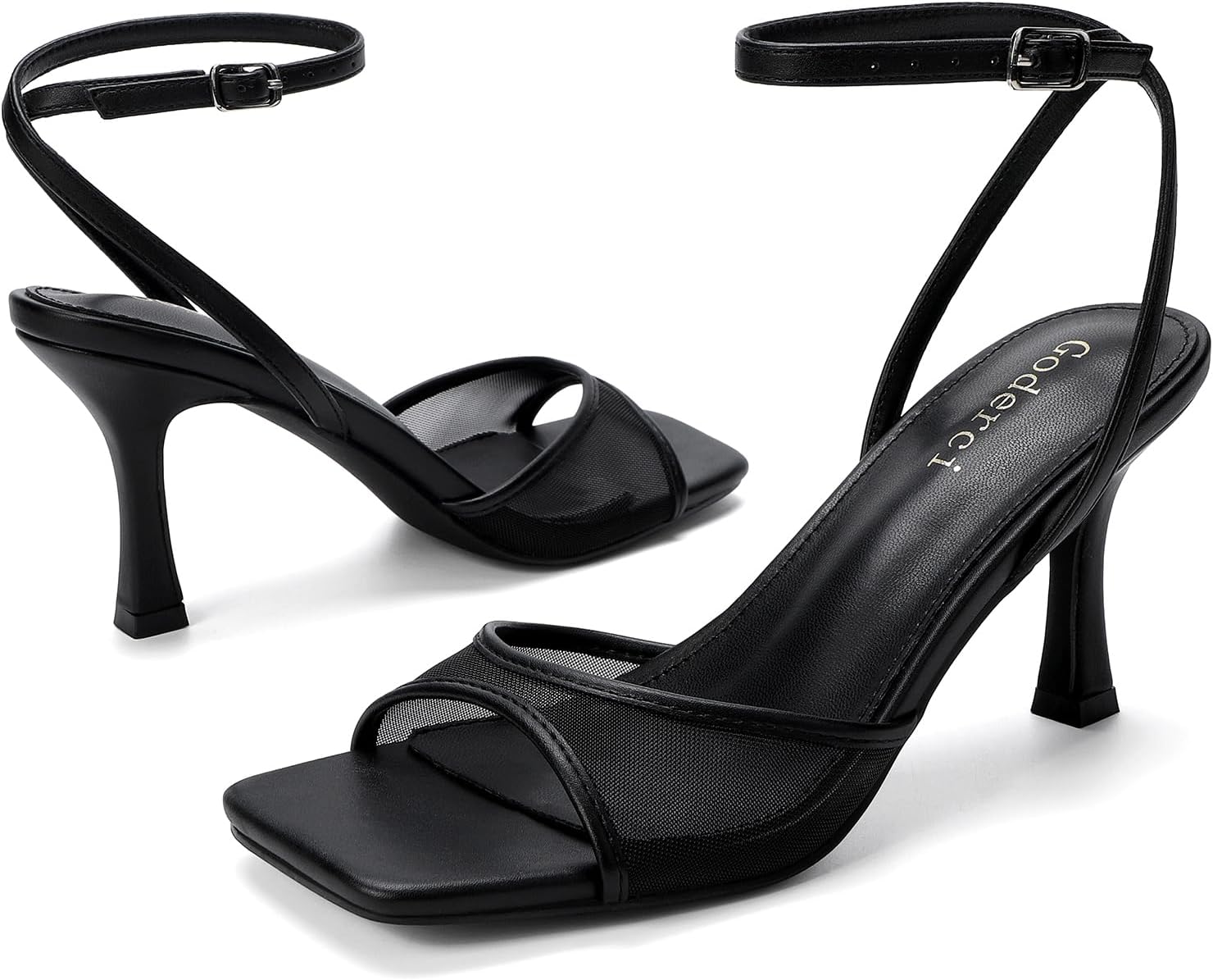 Kitten Strappy Heels for Women Square Open Toe Ankle Strap Buckle Stiletto Heels Dress Shoes - Image 4