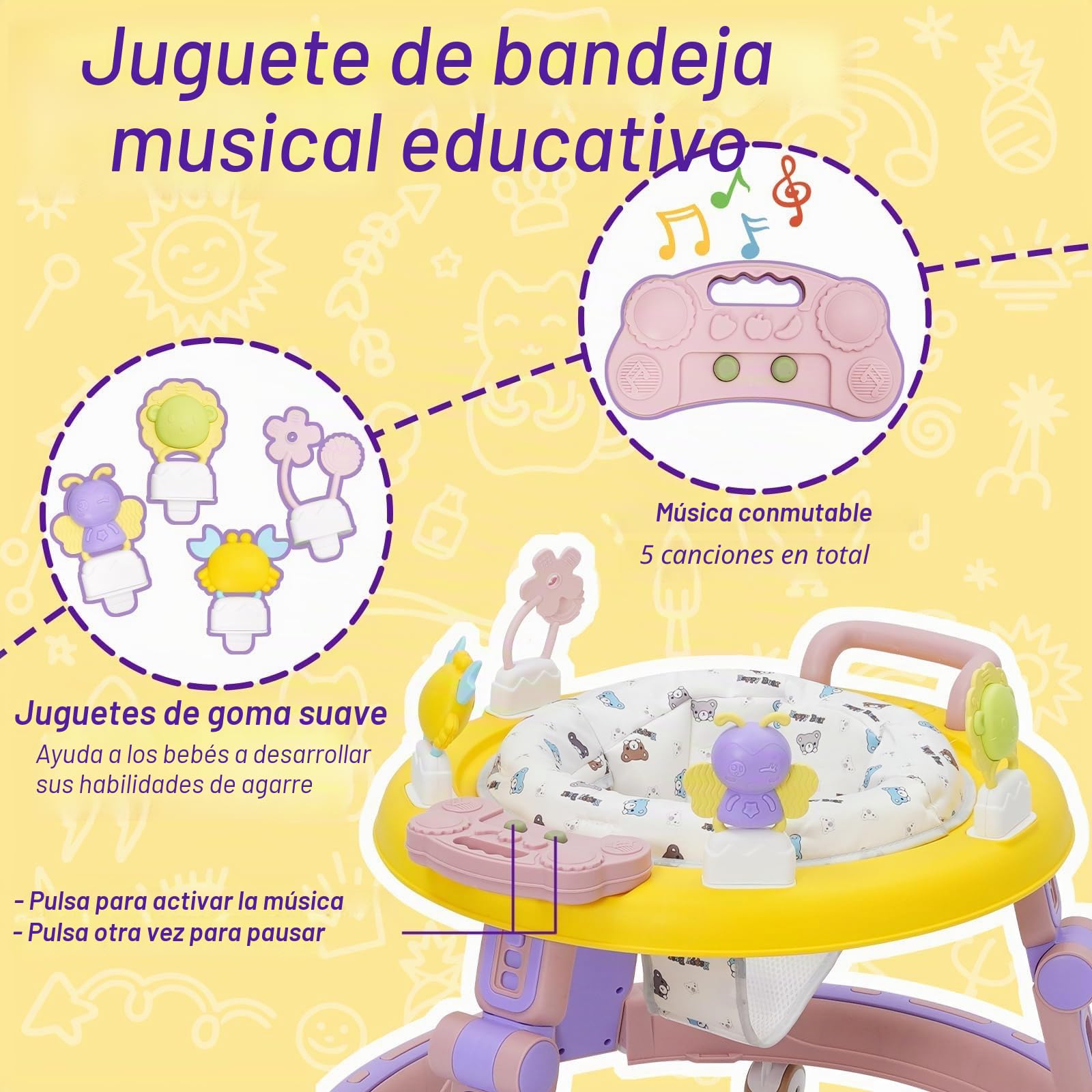 Andador Bebes 5 en 1,Tacata Bebe Plegable con Altura Música,Plegable Asiento Giratorio 360°,6 Ruedas Silenciosas,Apto Para Niños y Niñas a Partir de 6 Meses