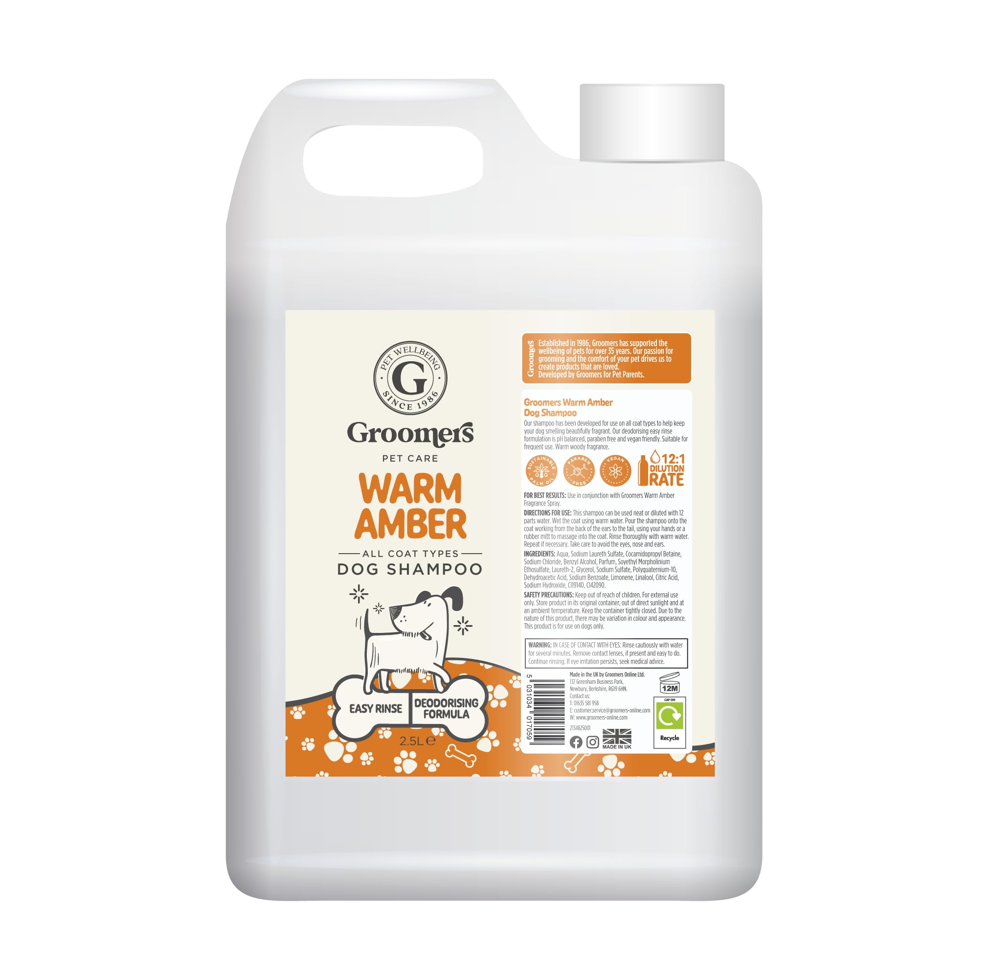 Groomers Professional Dog Shampoo Warm Amber 2.5L - pH Balanced and Paraben-Free - Quick Wash & Easy Rinse - Gentle Formula Suitable For Any Coat Type - Vegan-Friendly - Made in the UK
