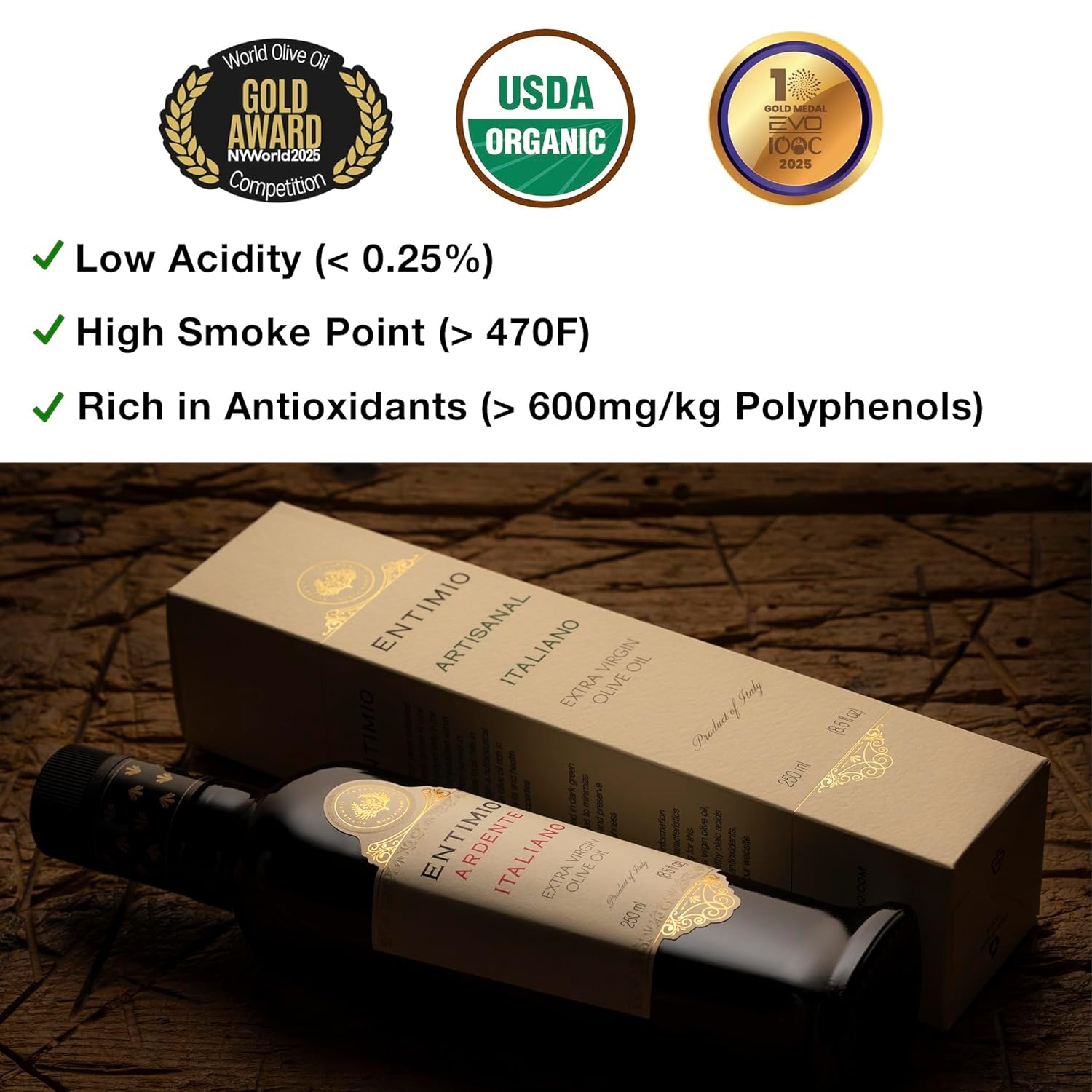 Entimio Ardente Organic Italian Extra Virgin Olive Oil from Italy, 600+ mg/kg High in Polyphenols, 2025 Gold Winner, Sicily Early Harvest evoo, Cold Extracted, Lab Tested - 8.5 fl oz - Image 3