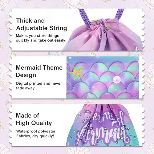 Miniatura 2 de Paquete de 12 bolsas con cordón para fiesta de sirena, para cumpleaños de niños, niñas, con cordón, mochila como bolsa de botín y regalos para