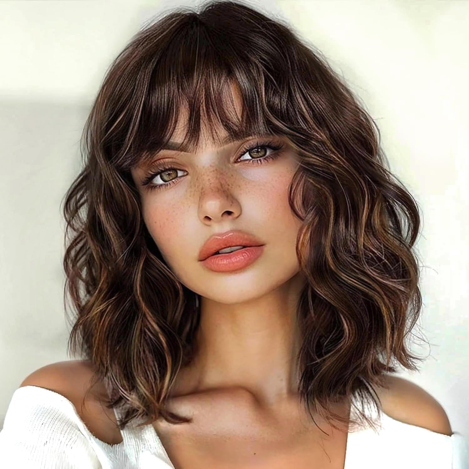 ENTRANCED STYLES Brown Highlight Wig with Bangs for Women Short Wavy Curly Brown Bob Wigs Medium Length 14 inch Synthetic Hair for Daily Party Use