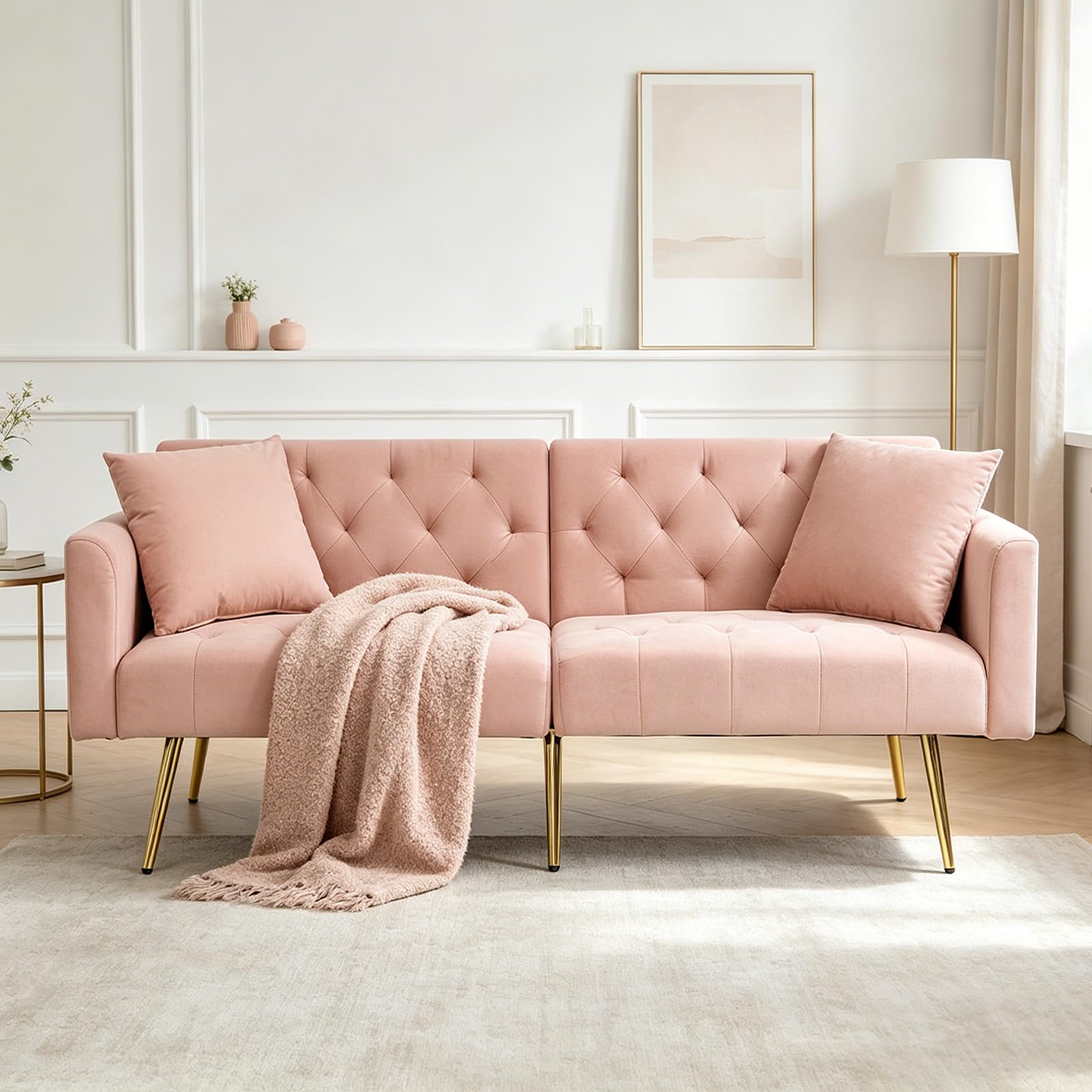 DRIXNO Schlafsofa mit Schlaffunktion, Klappsofa Sofa 3 Sitzer, 3-stufige Verstellbare Rückenlehne, 2 Beigelegte Kissen, Samtstoffe Zweiersofa, Für Wohnzimmer, Büro, Lounge, Schlafzimmer, Rosa