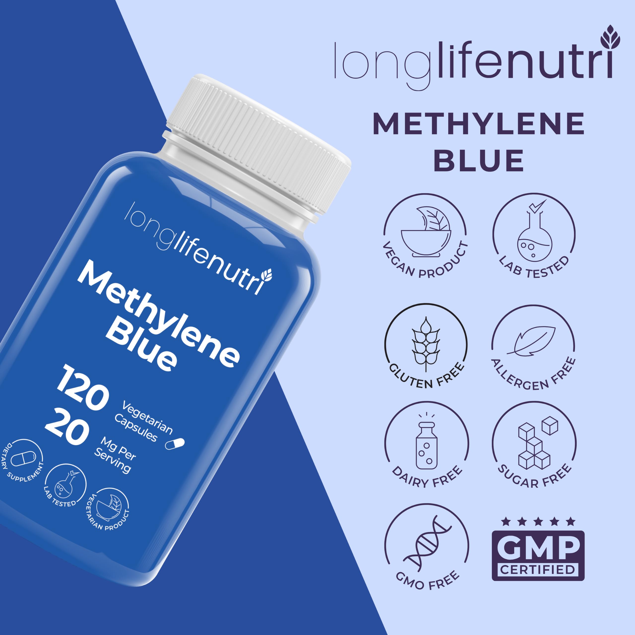 LongLifeNutri Methylene Blue 20mg, 120 Vegetarian Capsules, 4-Month Supply — Amazon image 7