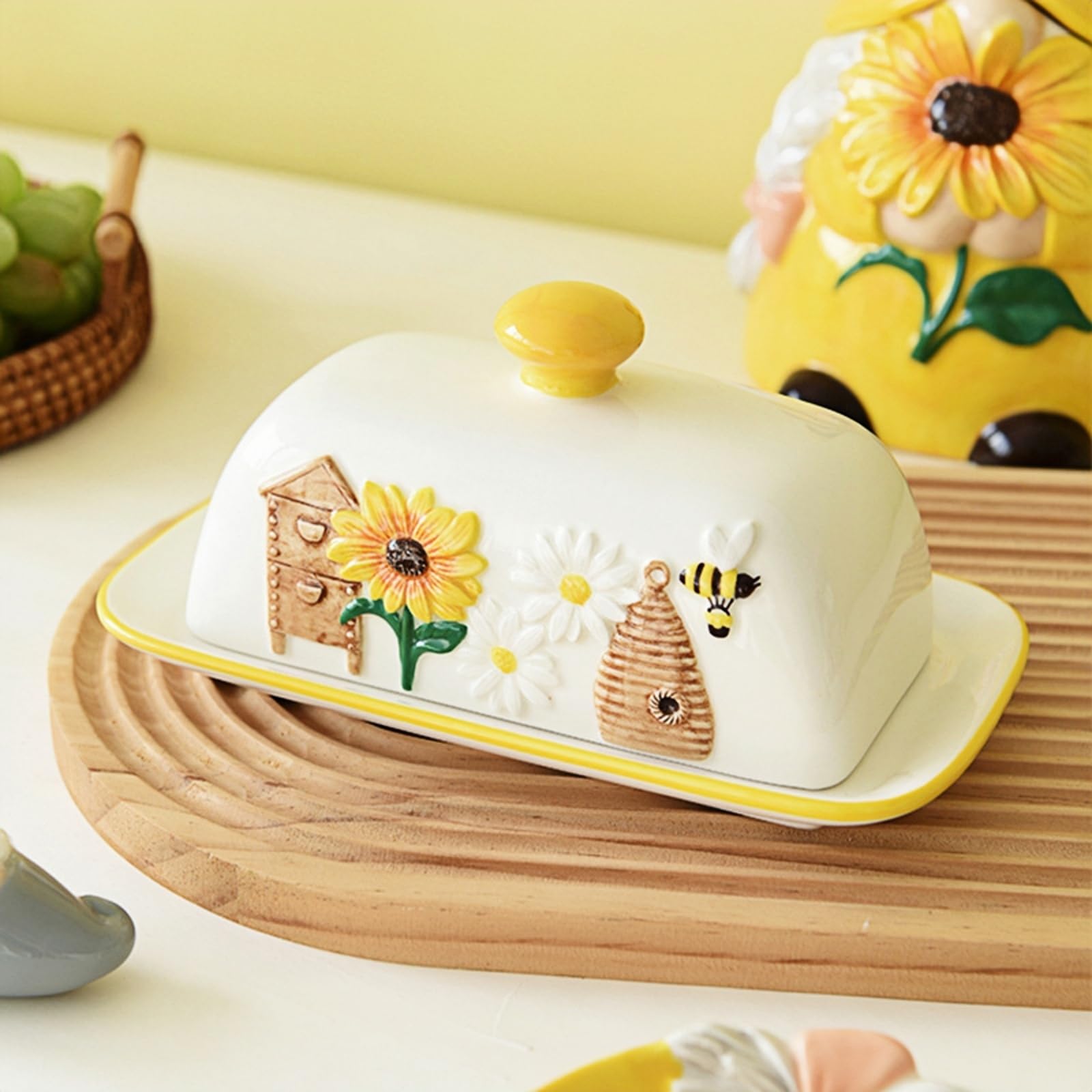 HAN SHENG Beurrier en céramique recouvert d'abeille avec couvercle pour le | Joli plateau à beurre de comptoir, joli plat à beurre de tournesol avec couvercle pour le stockage du beurre