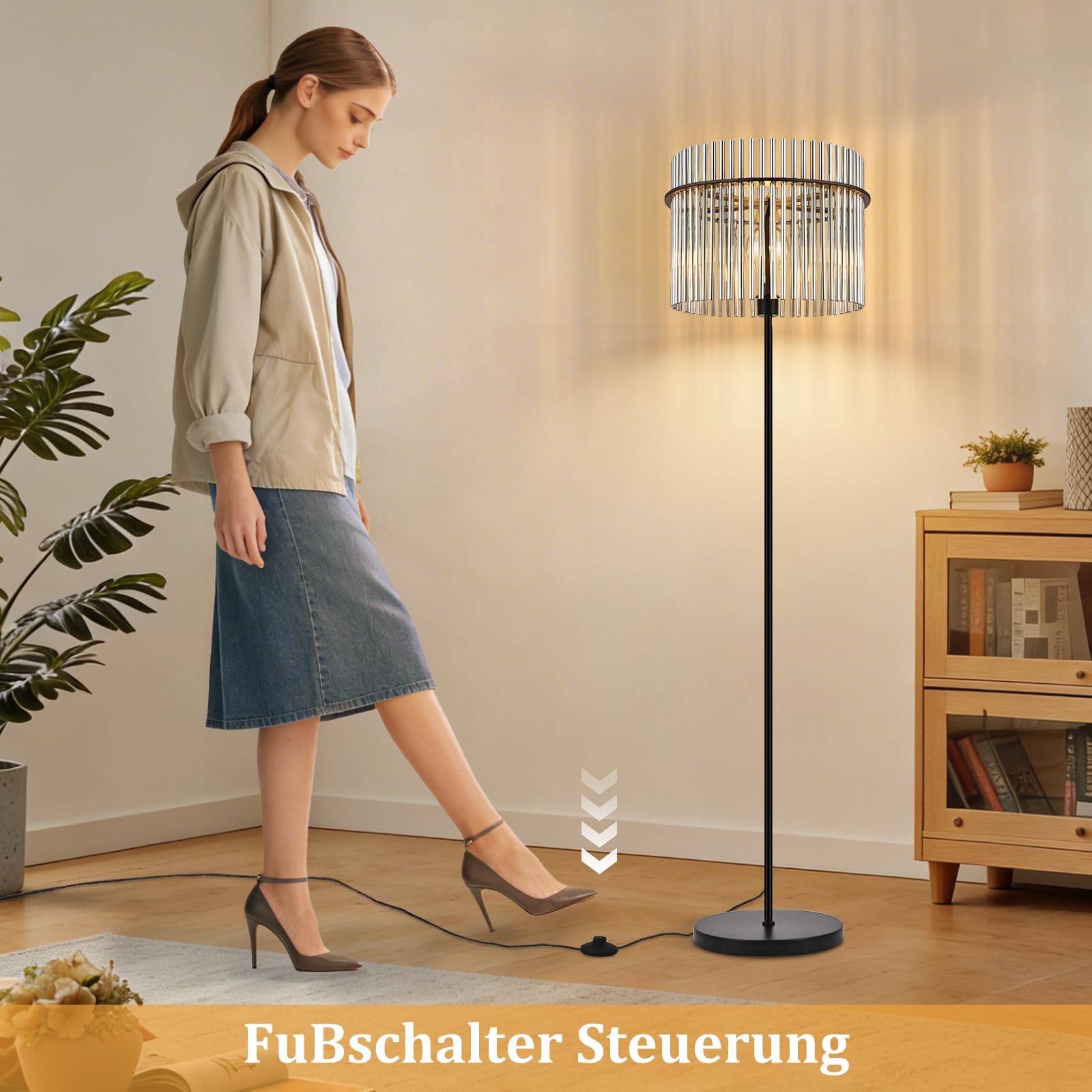 Stehlampe Schwarz Stehleuchte Glas Standleuchte Wohnzimmer E27 | mit Fußtaster Leselampe Modern Wohnzimmerlampe Stehend für Schlafzimmer Kinderzimmer Büros(Ohne Leuchtmittel)