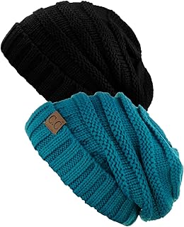 NYFASHION101 Oversized Baggy Slouchy Thick Winter Beanie Hat - 2 Pack, Black/Teal