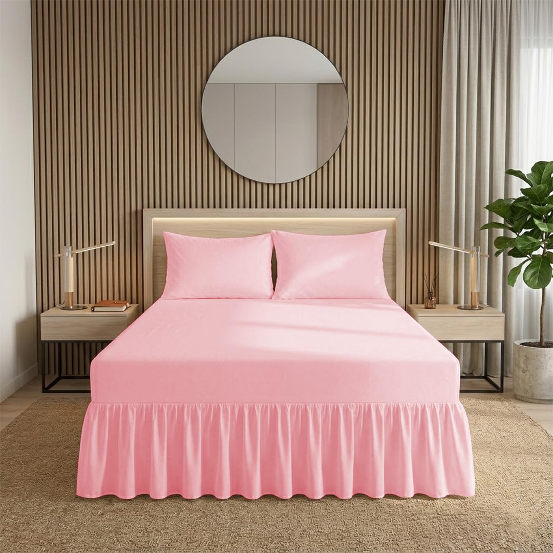 Ziya Homes Super King Fitted Valance Sheets - Polycotton Frilled Bed Skirt with 40cm Drop - Extra Deep 25cm Pocket, Anti-Allergic & Easy Care (Pink)