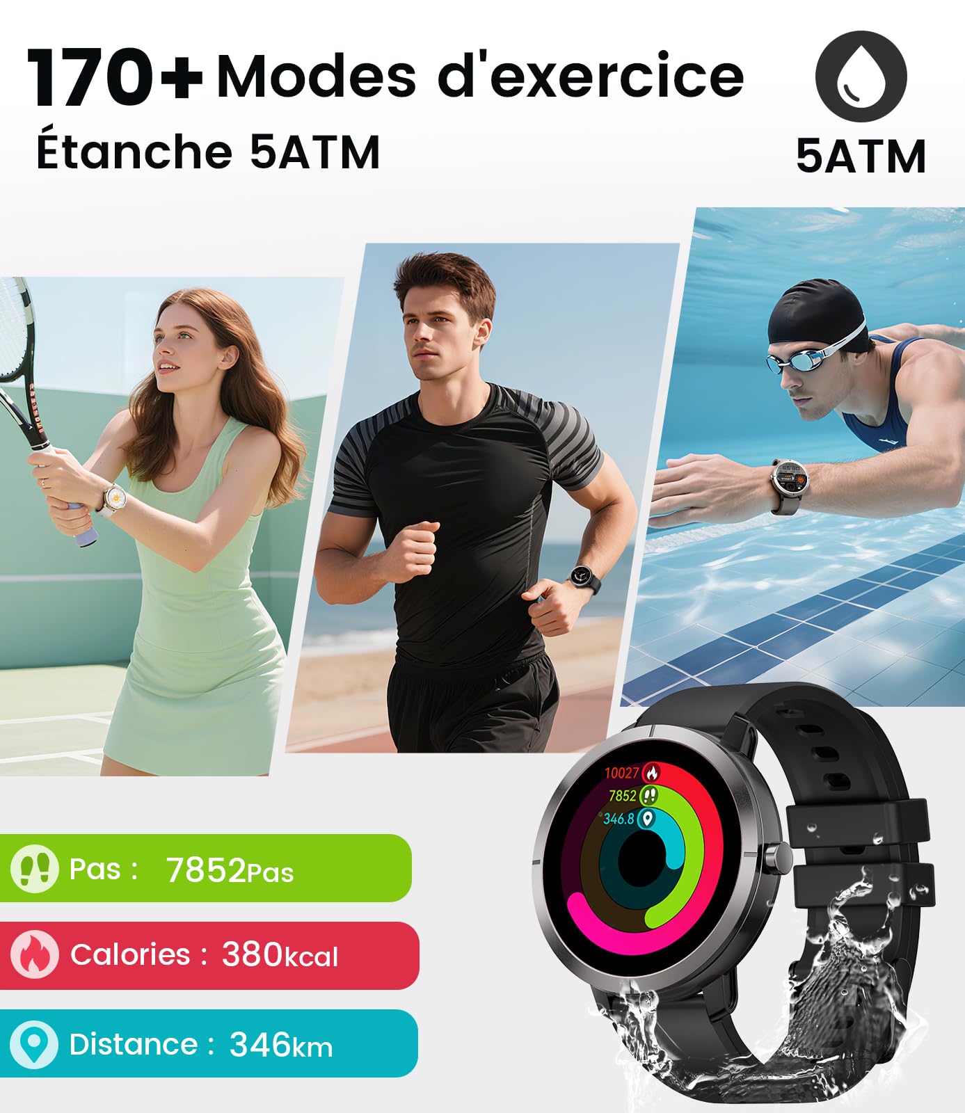Montre Connectée Homme Femme avec GPS,10 Jours Batterie,1,35'' Amoled Écran/Aluminium Boîtier/5ATM,170+ Modes Sportifs,Fitness Tracker avec Fréquence Cardiaque,Suivi de Sommeil,pour iOS Android,Noir