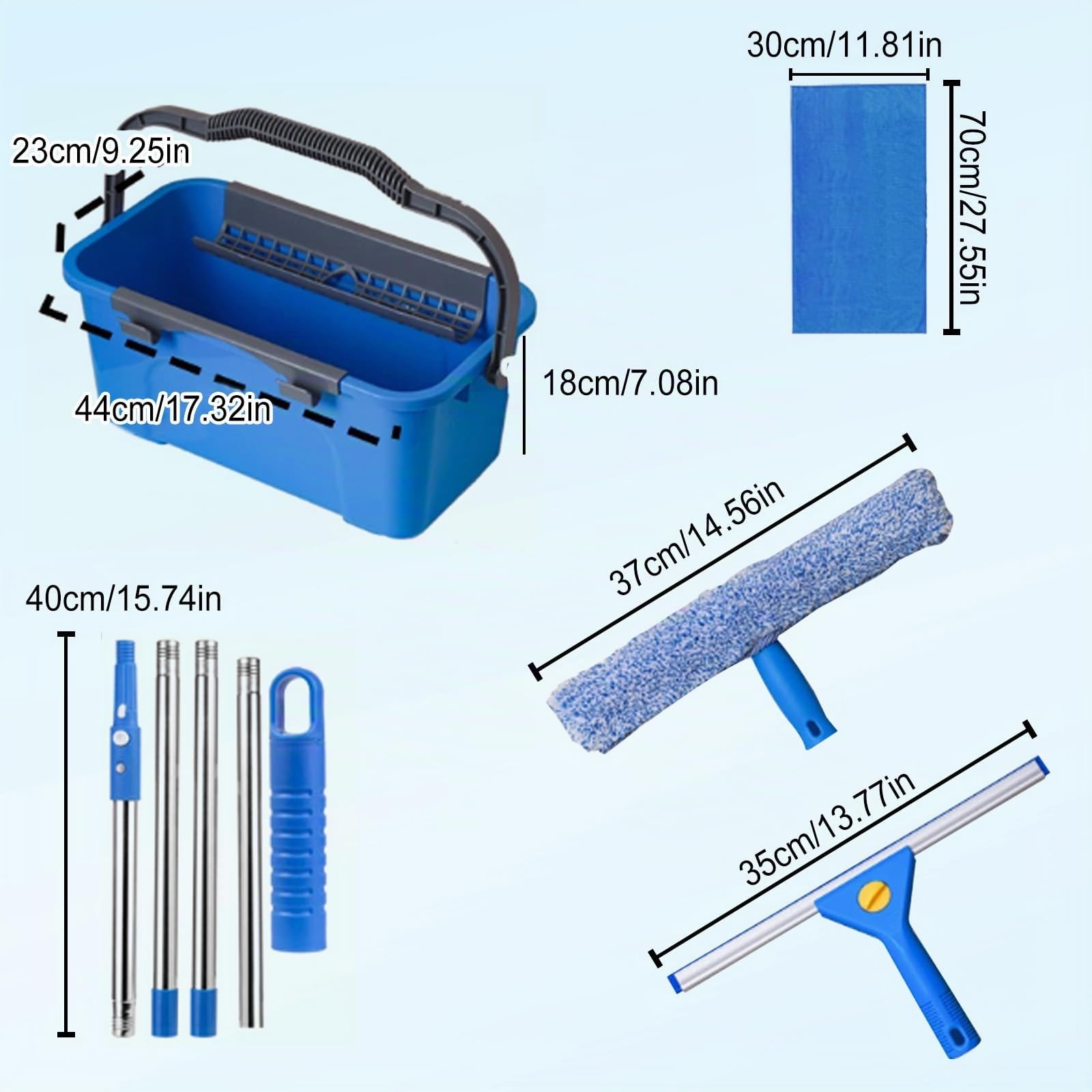 Set de limpieza de ventanas, limpiacristales con cubo de 12 l, escobilla para ventanas, paño de microfibra y paño para cristales, set de limpieza de ventanas para el hogar (4 varillas extensión 40 cm)