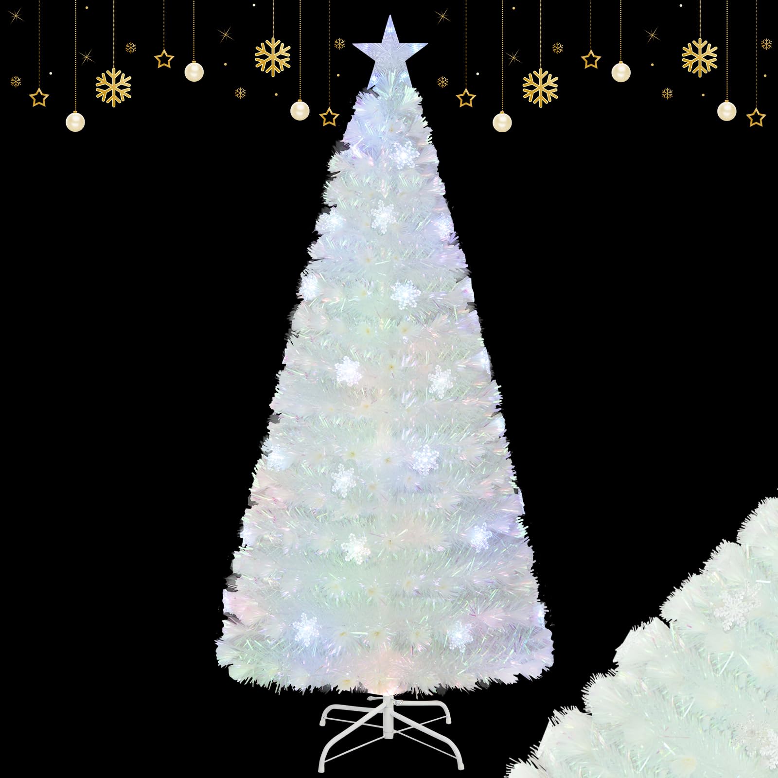 DREAMADE Sapin de Noël Artificiel 180CM Fibre Optique,Arbre de Noël Artificiel avec 30 Lumières LED Forme de Neige,220 Branches Pet,Décoration Pré-illuminée Noël avec Eclairage Colorées,Blanc