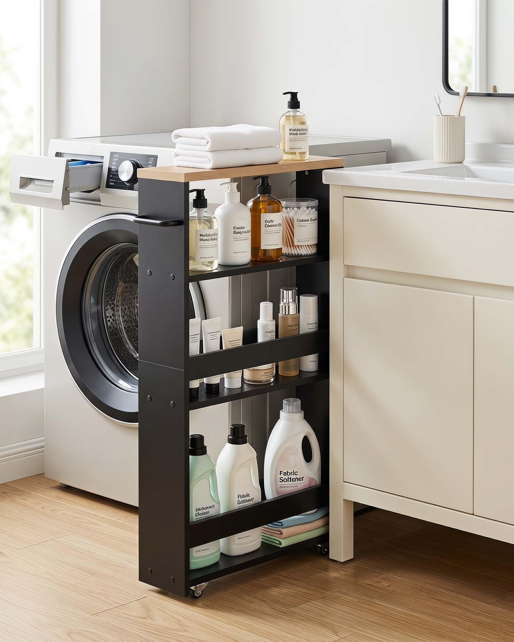 Carrito de Cocina Estrecho de 14 cm con Asa, Carrito Auxiliar con Ruedas de 4 Niveles, Carro de Almacenaje para Cocina, Salón y Despacho, Negro y Roble, 40 × 14 × 80 cm