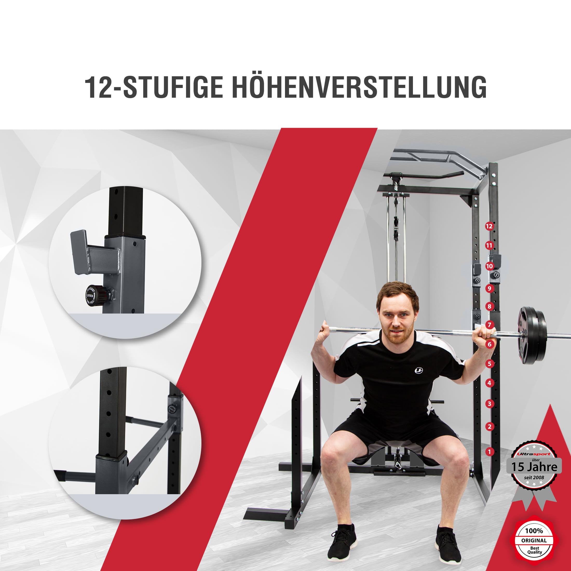 Ultrasport Power Rack, Eignung Zahnstang, multifunktionales Zahnstange für effektives Ganzkörpertraining, massiv Stahlkonstruktion, Perfekt für Anfänger und Profis, Homegym, Eignungturm, Schwarz/Grau
