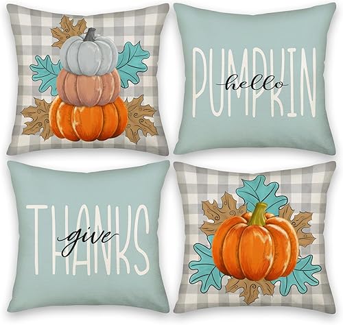 Juego de 4 fundas de almohada de otoño de 22 x 22 pulgadas, diseño de búfalo con texto en inglés "Hello Pumpkin Give Though", a cuadros, decoración