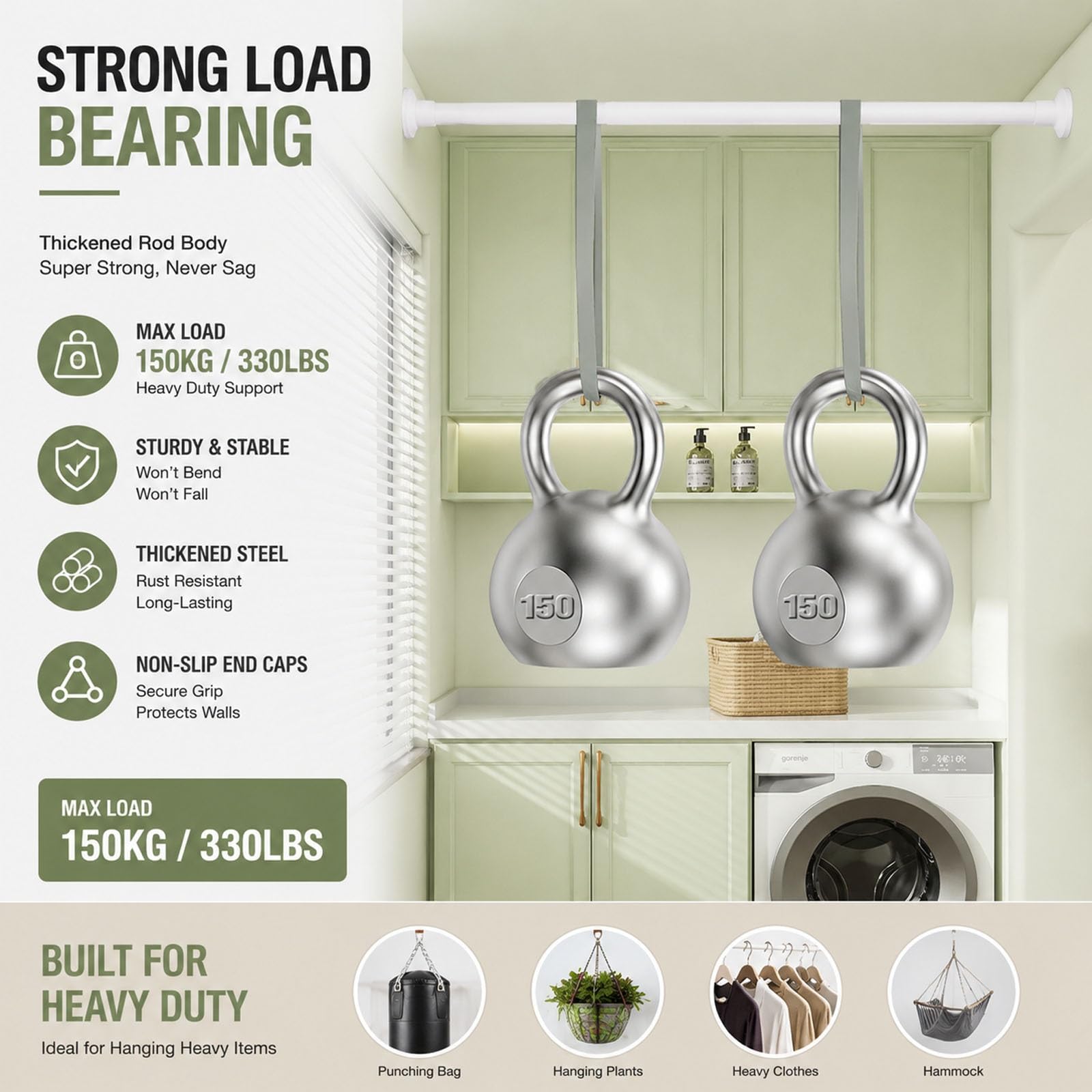 Acciaio Inossidabile 304 Aste per Tende Estensibili, Bastone Tenda Esterno | Estensibile 55-255 Cm, Senza Fori, Portata 150 Kg, Ideale per Armadi e Bagni(75-115cm/28-45in)