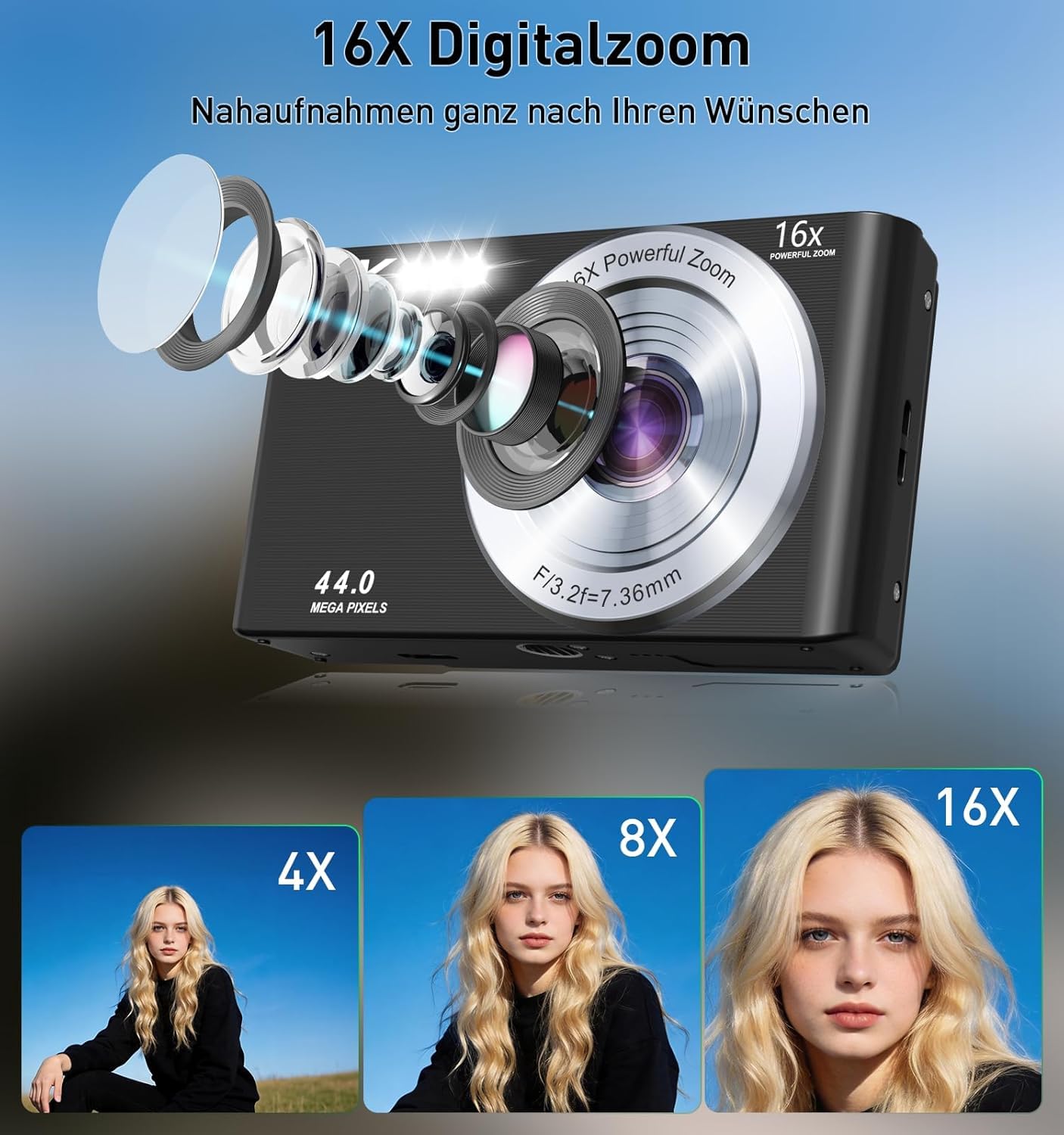 4K Digital Camera, 44MP FHD Compact Camera with Auto Focus, 16X Digital Zoom, 2.8 Inch LCD Screen, Portable Mini Camera with 64GB Card & 2 Batteries for Beginners Teens