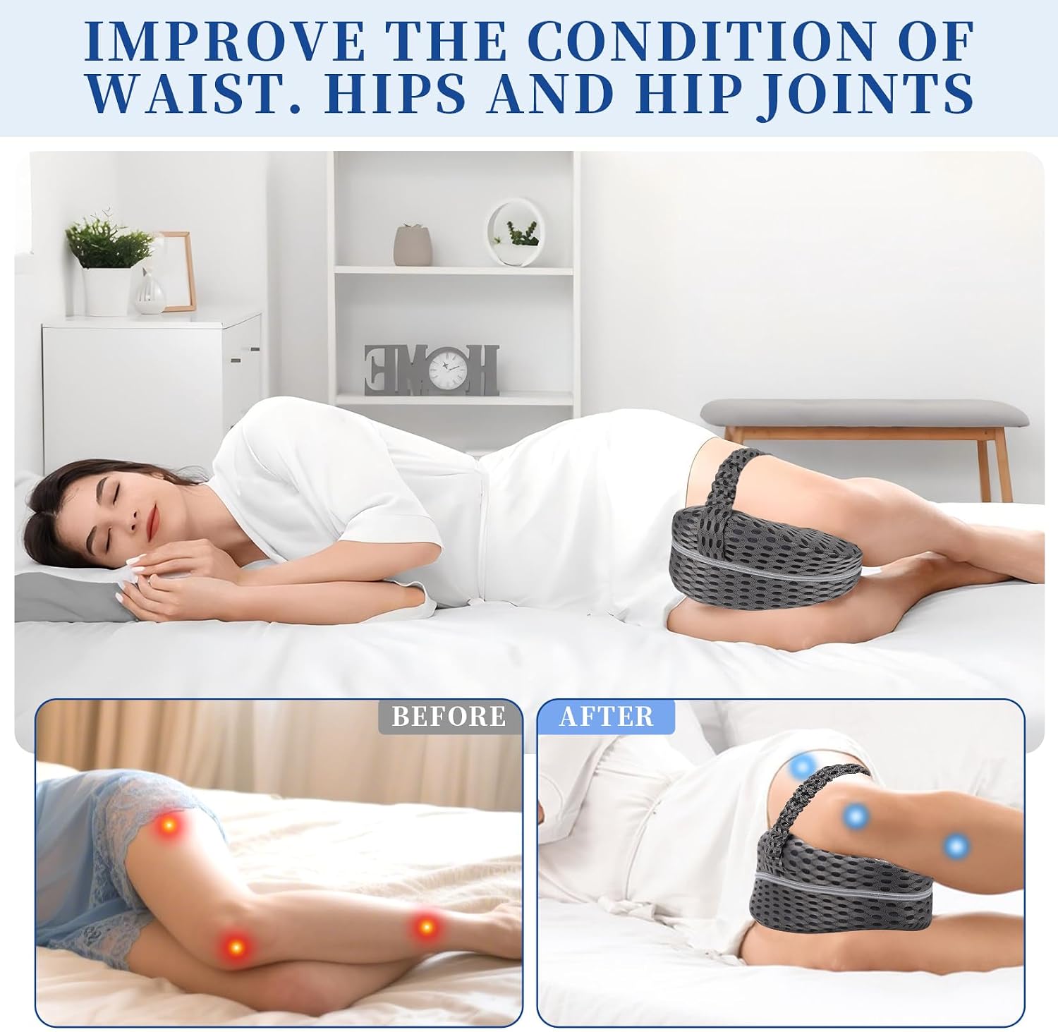 Knee Pillow for Side Sleepers - Sciatica, Hip & Back Pain Relief Pillow with Adjustable Strap, Memory Foam Leg Pillow for Side Sleeping, Spine Alignment Support for Pregnancy, Post-Surgery (Grid gray)