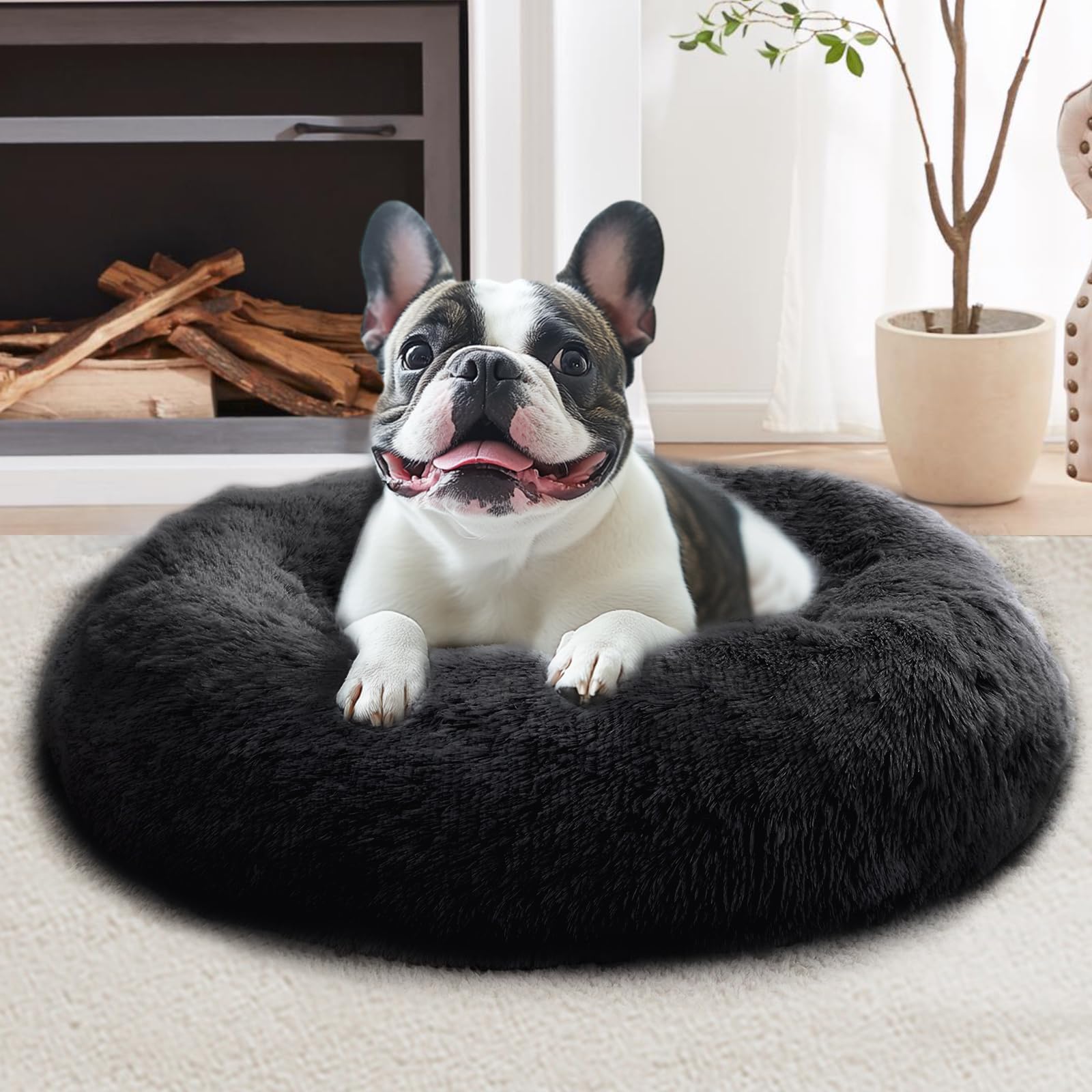 JOLLYVOGUE Calming Dog Bed for Small Dogs - 23 inches Donut Washable Small Dog Bed for Kittens &amp; Puppies, Anti-Slip Round Fluffy Plush Faux Fur Cat Beds (Fits up to 25 lbs Pets, Black)