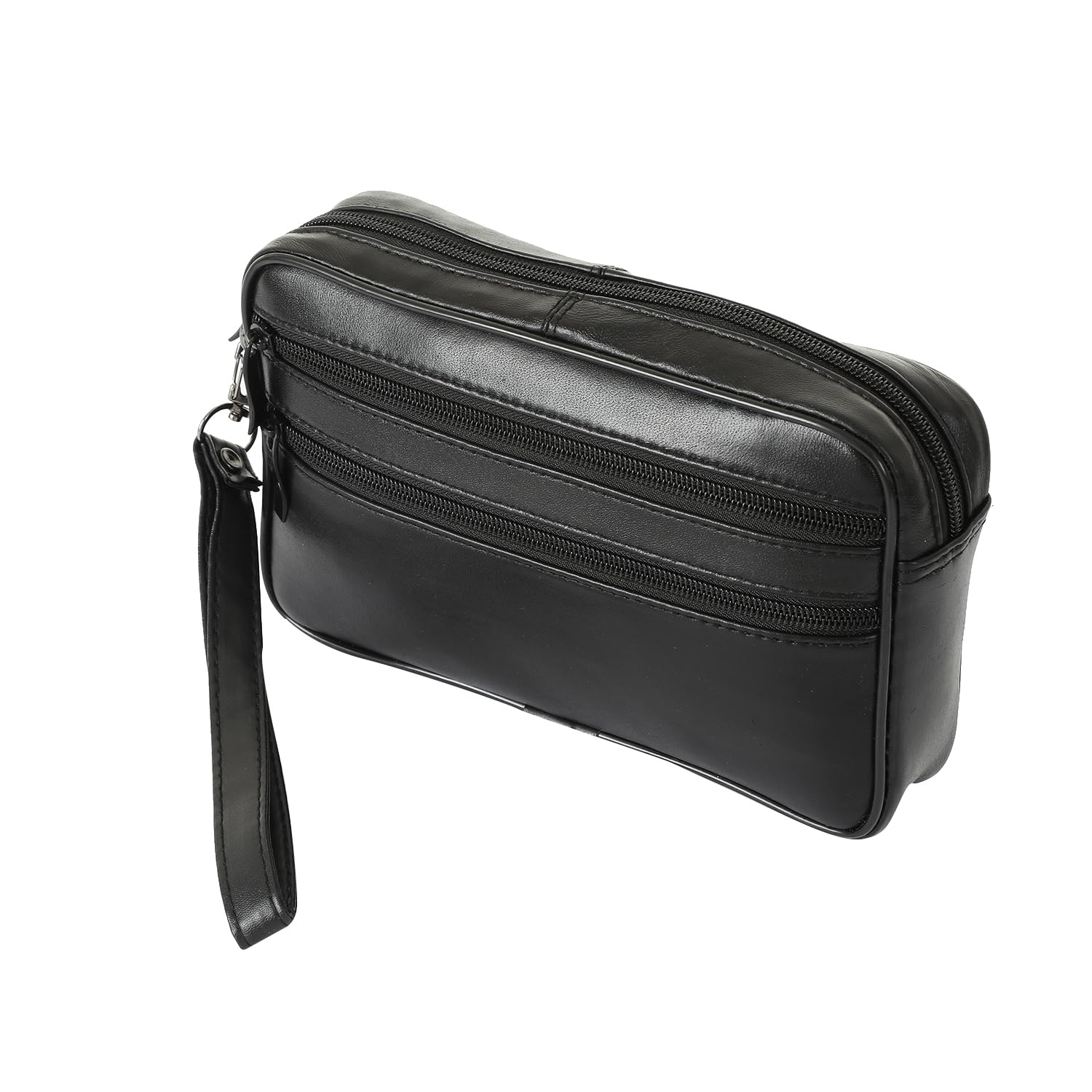 Bolso de mano para hombre, de piel auténtica, con correa de mano, color negro