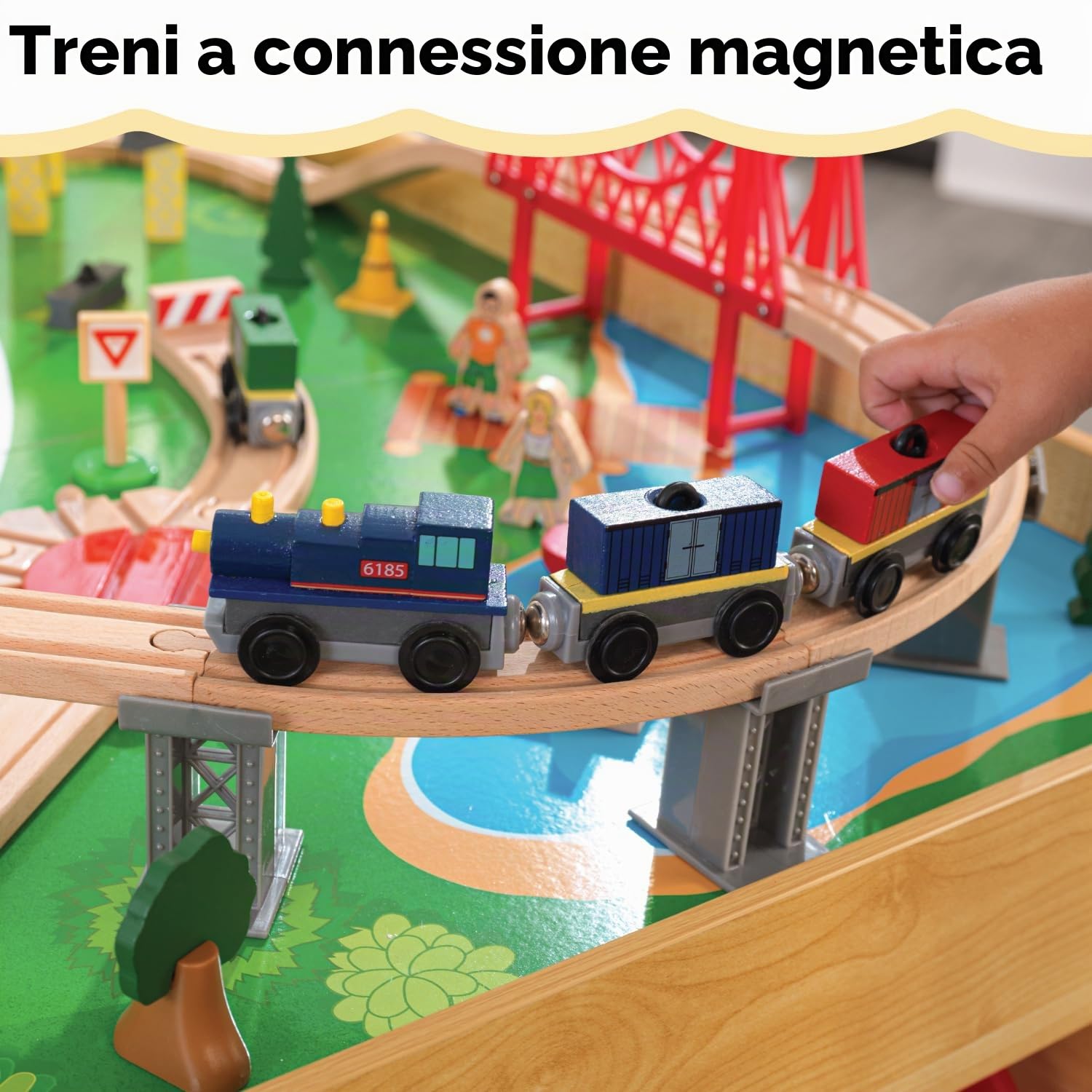 KidKraft Tavolo e Pista Trenino Waterfall Mountain in Legno per Bambini con Contenitori, Veicoli in Legno come Auto, Elicottero, Gru ed Aereo Giocattolo per Bambini 3+ Anni, 17850