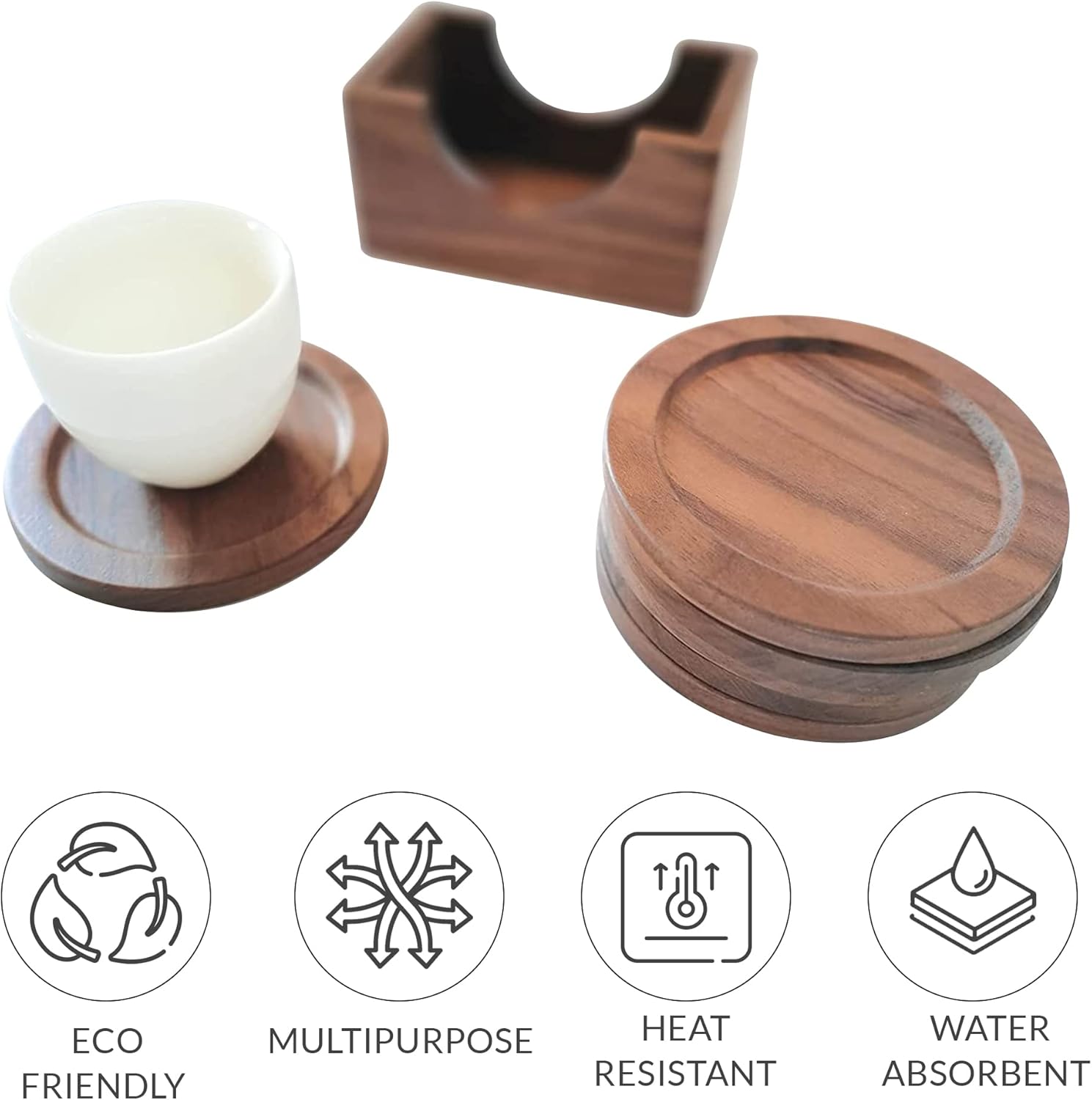 Walnut Wood Drink Coasters with Holder & Wood Coffee Stick, Wooden Coaster Set, Suitable for Coffee Cups, Beer Glasses, Mugs, Wine Cup (4 Inch-6 Pieces)
