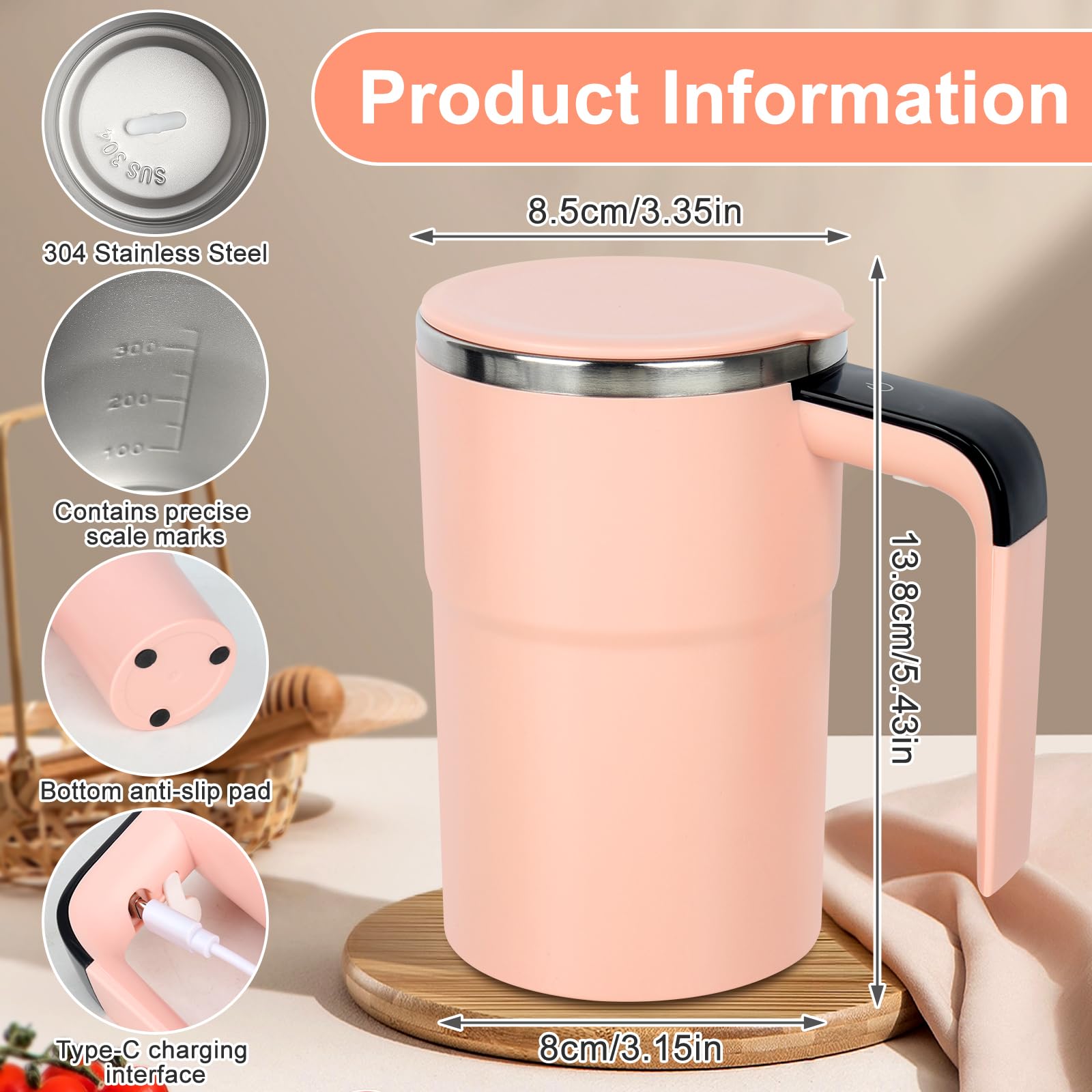380 Ml Miscelatore Elettrico Ricaricabile, Tazza Per Miscelatore Elettrico Con Display LCD, Tazza Da Caffè Automatica, Con Coperchio, Per Latte Cacao Cioccolato Caldo E Bevande(Rosa)