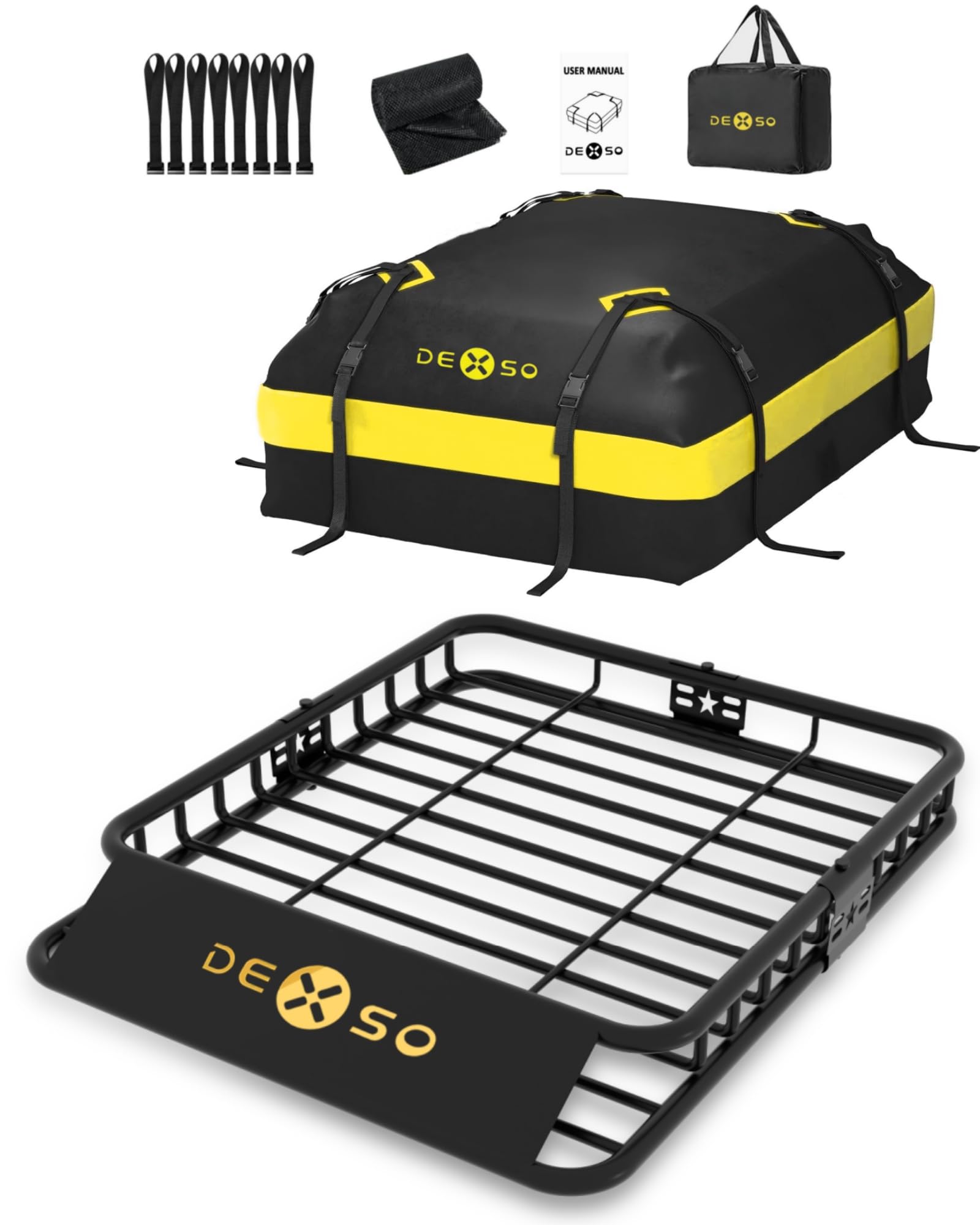 46" x 36" Universal Roof Rack Basket, 200 Lbs Capacity Rooftop Cargo Carrier Basket with 15 Cubic Feet (44" x 34" x 17") Waterproof Luggage Bag, for Suvs, Trucks, Vehiclesor Suvs, Trucks, Vehicles