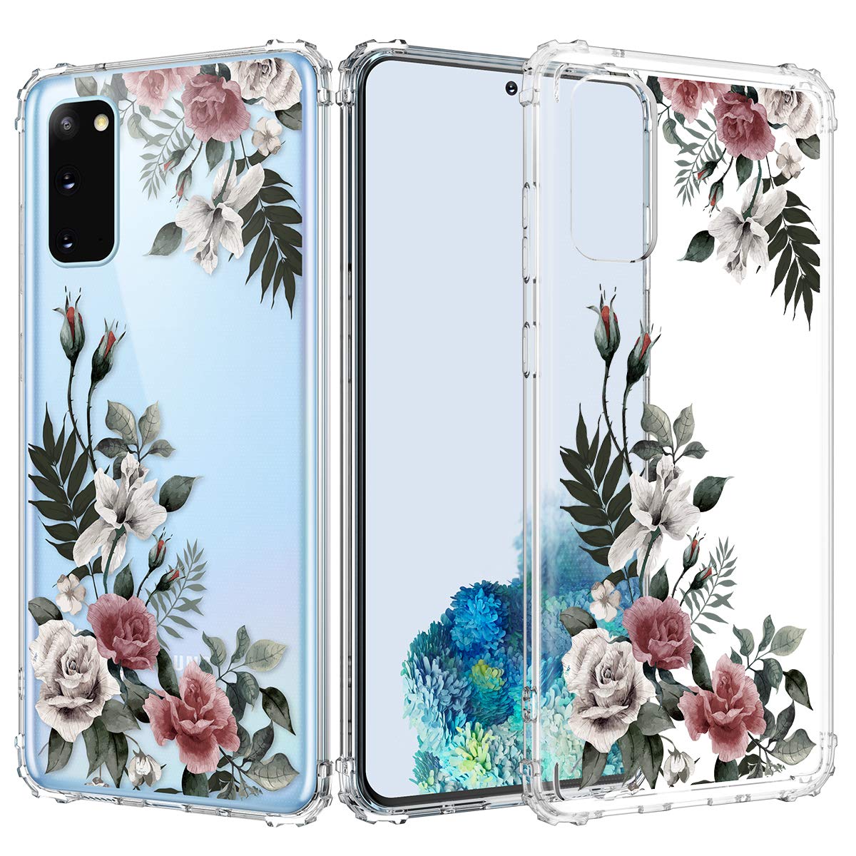 Caka Galaxy S20 Case,S20 Clear Case with Design Floral Flowers Pattern for Girls Women Girly Cute Slim Soft TPU Transparent Shockproof Protective Case for Galaxy S20 6.2 inches -Rose