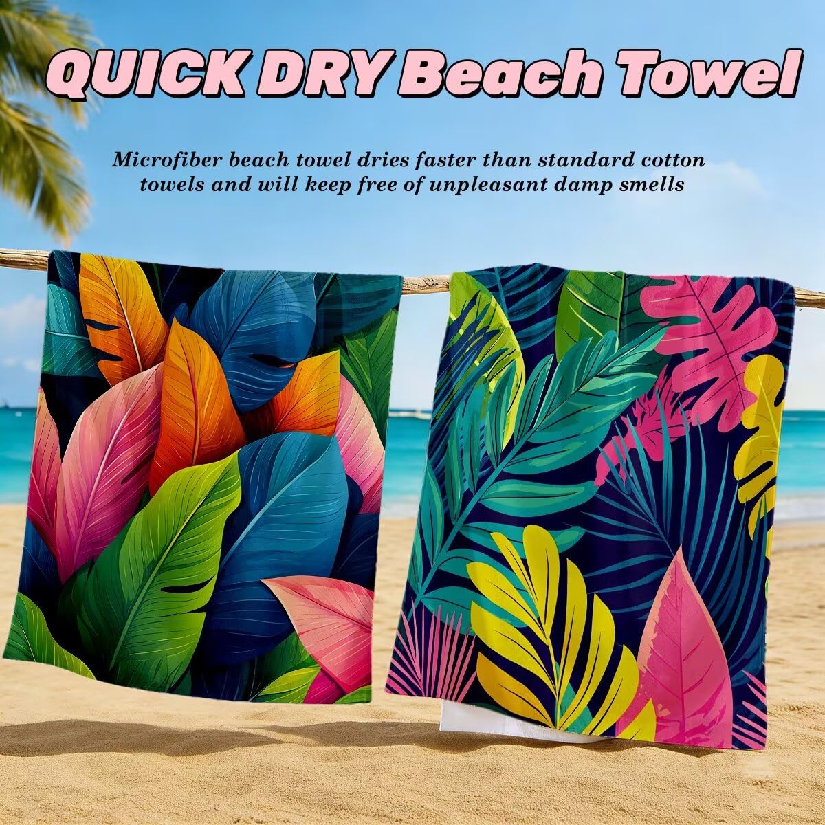 Toalla Playa 100x220 cm, Toalla Gimnasio Microfibra Secado Rapido, Juego de 2 Antiarena Toallas de Playa, Ligera Compacta Toallas Microfibra Grande para Viaje, Regalo Hombre Regalo Mujer (Hoja) -5083
