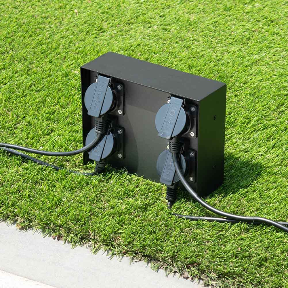 Bakaji Multiprise pour extérieur au sol et au mur, colonne prise électrique jardin, mât colonne 4 prises Shucko étanches IP44 avec porte structure en acier, couleur noir 20 x 7 x 16 cm