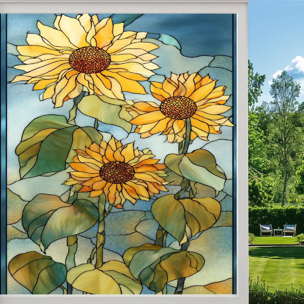 Pmlbaous Rural Sunflowers Privacy Window Film, Abstract Flowers Natural Plants Frosted Self-Adhesive Vinyl Cling For Glass Doors Bathroom Windows Sun Blocking Heat Control, （45X90cm）