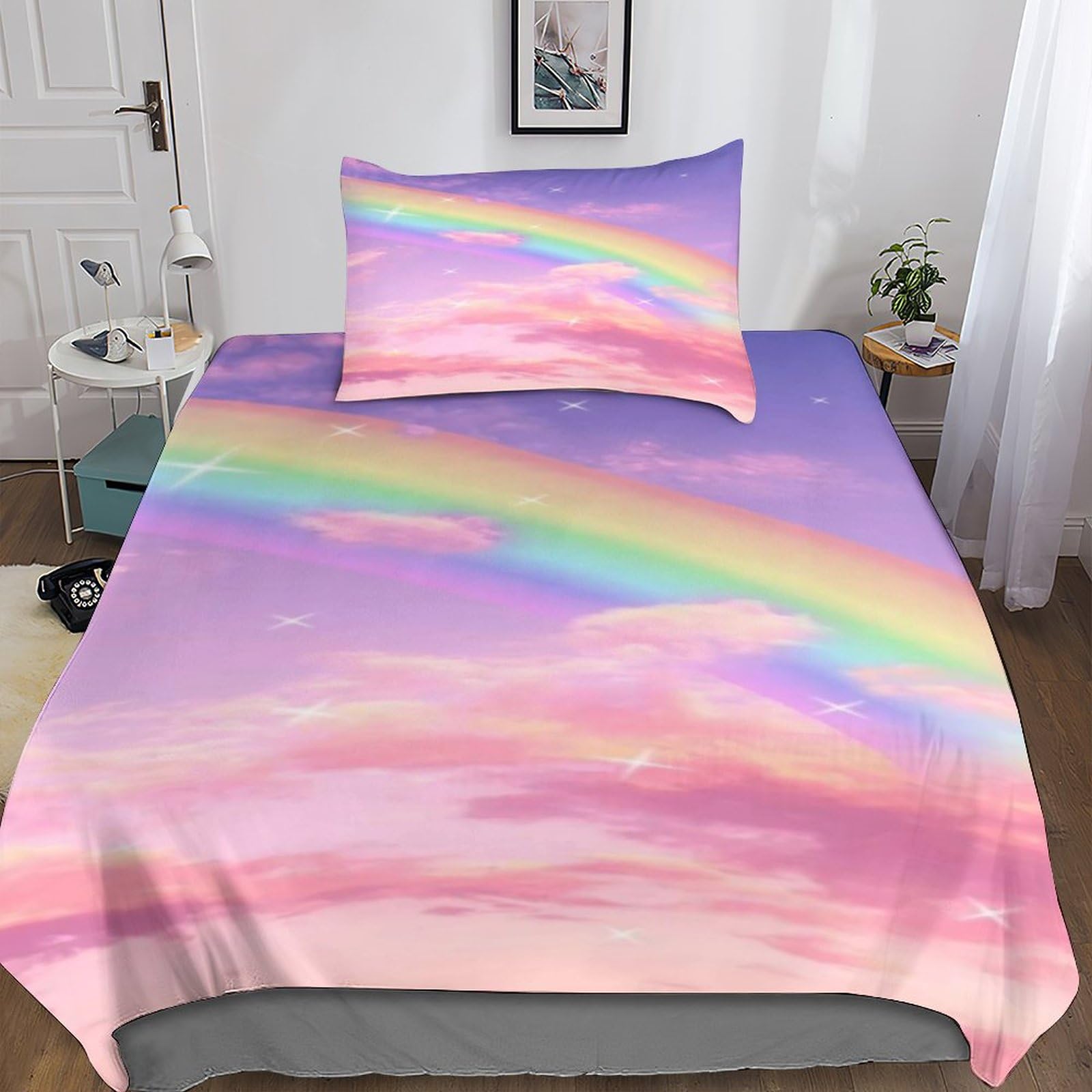 JXING Rainbow 3 Piece Bedding Set with 3D Print Design with Zipper Closure Soft Microfibre Beautiful Sky Comforter Cover And with Pillowcases for Boys And Girls Single(135x200cm)