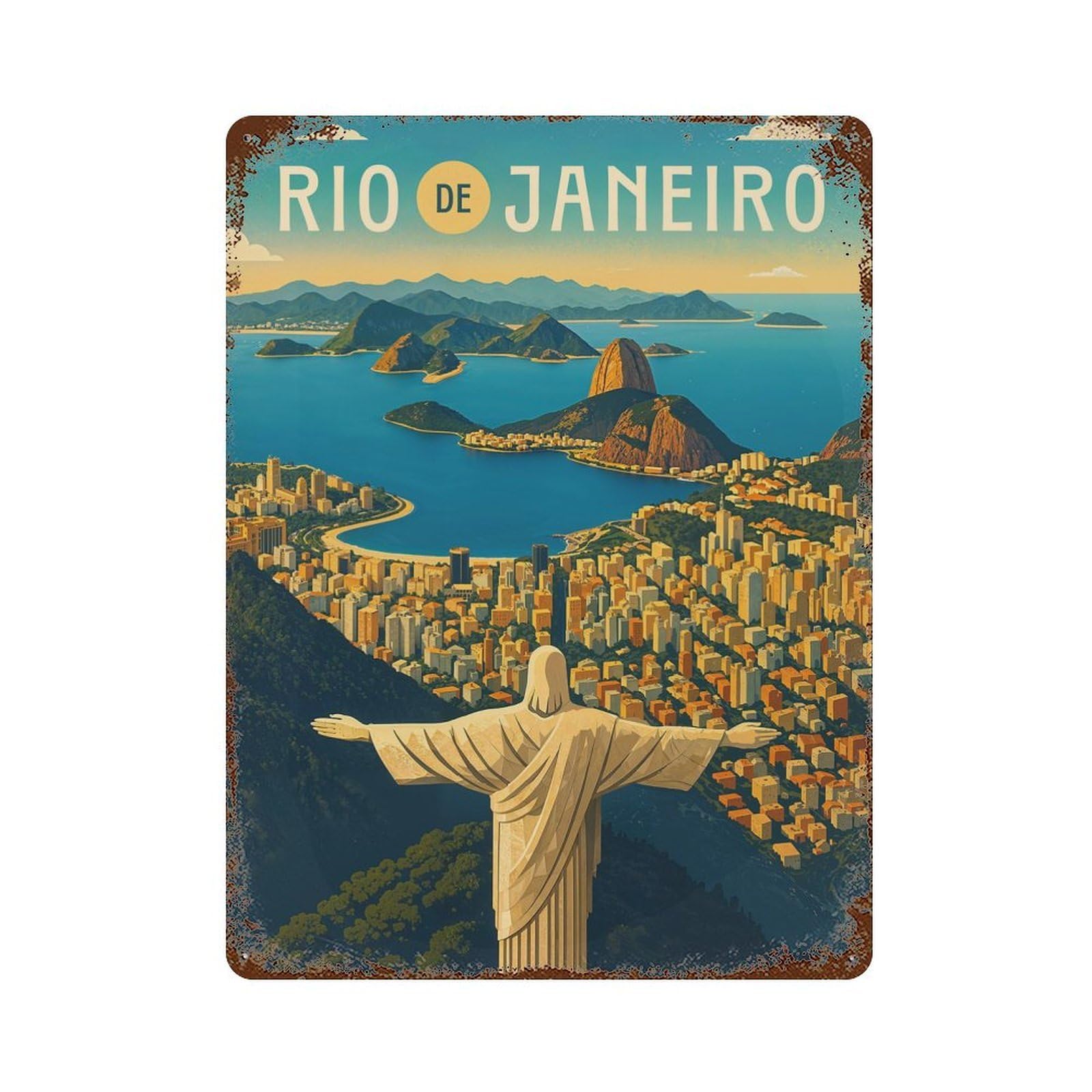 Rio De Janeiro Travel Poster Brazil – Christ & Sugarloaf Sunset Weathered Tin Sign 15.7"x11.8", Rustic Home Decor for Garage, Bar And Workshop Decor