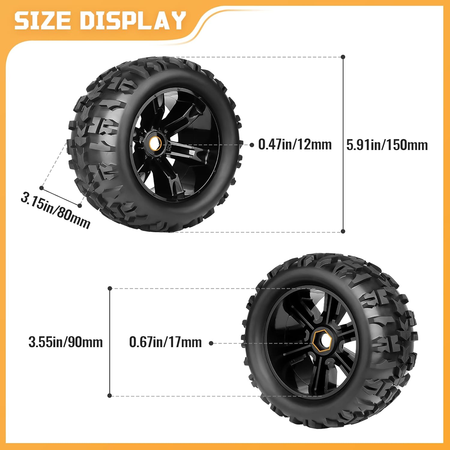 Preglued 1/8 Monster Truck Ties and Wheels OD 5.9" 17mm Hex MT Tires Wheels Set fit Traxxas Maxx E-Revo 2.0 3.3 Summit Revo 3.3 Arrma Kraton Outcast 4-6S Brushless Power