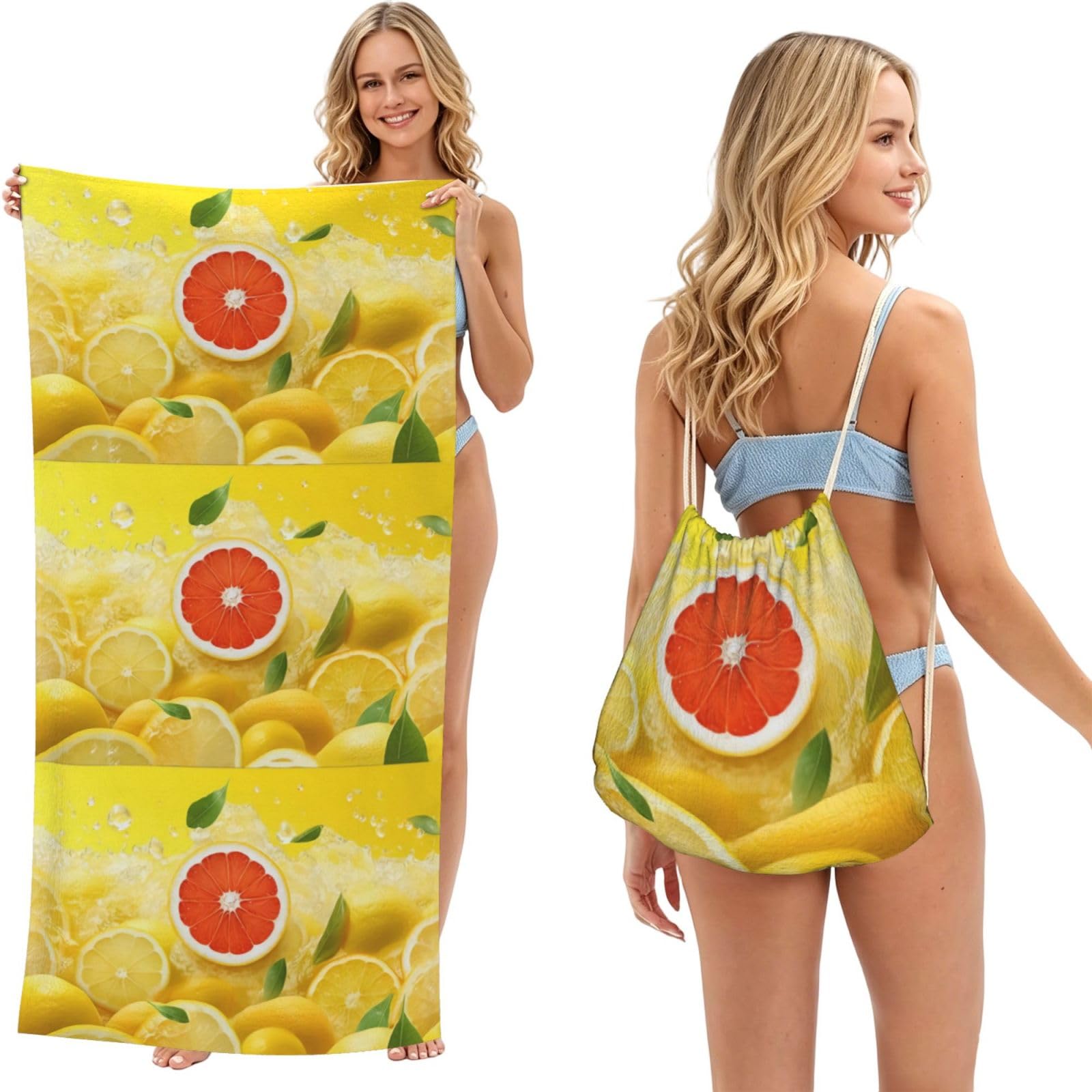 Poadnly As Picture Summer Lemon, 2 In 1 Packable Towel Bag, Beach Towels With Drawstring Backpack For Travel Holiday Camping