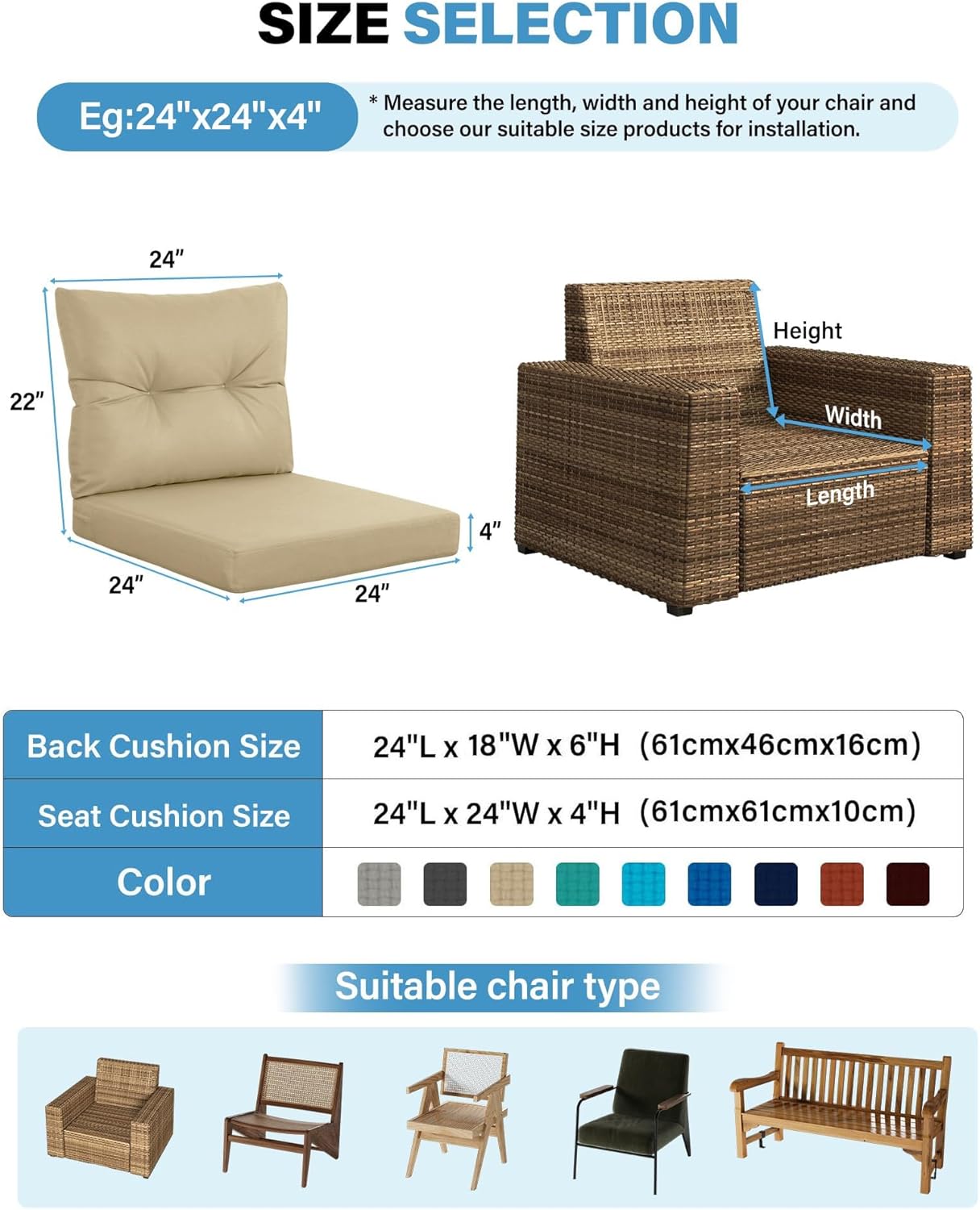 YEFU 24 x 24 Outdoor Cushions for Patio Furniture: Waterproof Fade-Resistant Loveseat Cushions - Deep Seat Outdoor Cushions Replacement with Ties for Chair Sofa Couch(Beige)